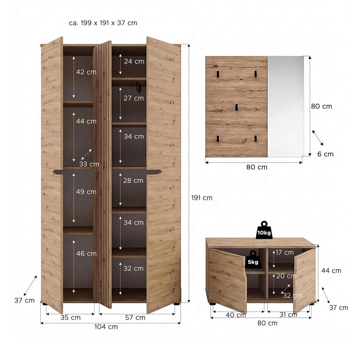 GARDEROBE 3-teilig  in 199/191/37 cm  - Eiche Artisan, Design, Holzwerkstoff (199/191/37cm) - MID.YOU