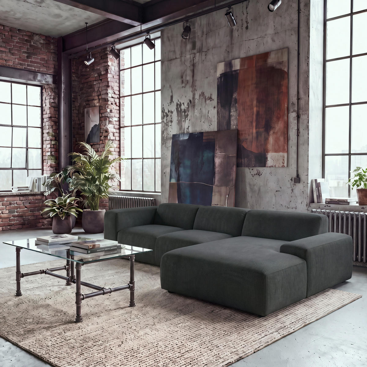 ECKSOFA HANNAH Schwarz Cord  - Schwarz, Design, Kunststoff/Textil (304/200cm) - MID.YOU