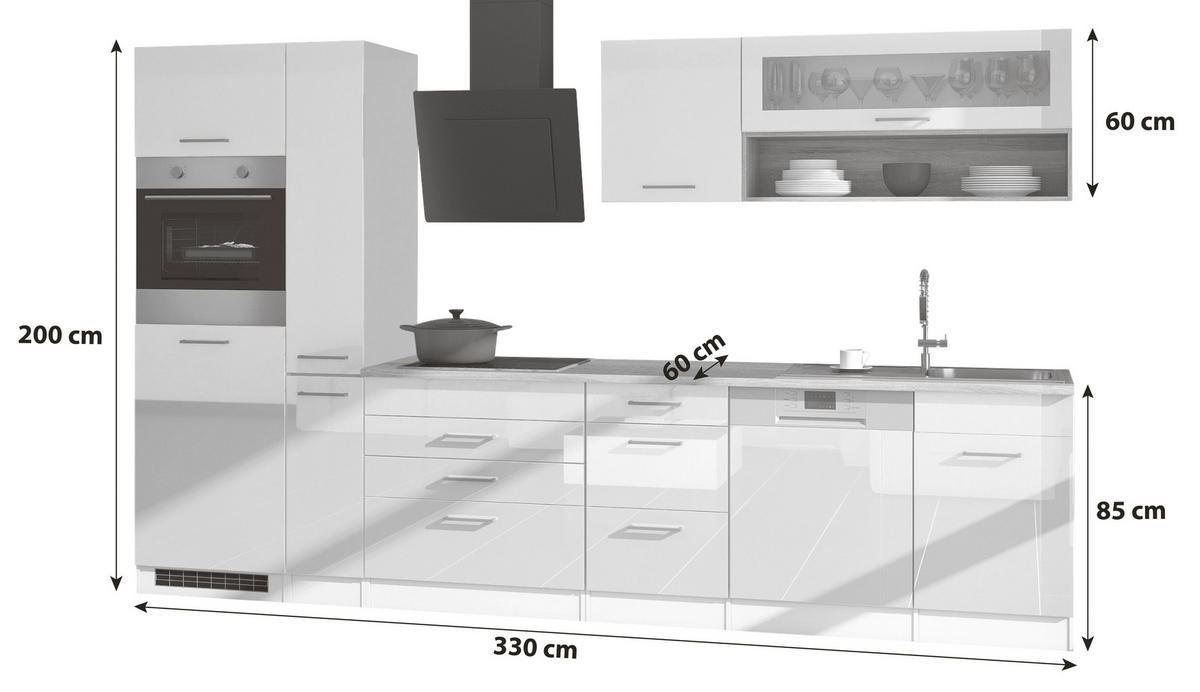 KÜCHENBLOCK MAILAND 330 cm  in Weiß, Weiß Hochglanz  - Chromfarben/Eichefarben, MODERN, Holzwerkstoff/Metall (330cm) - Held