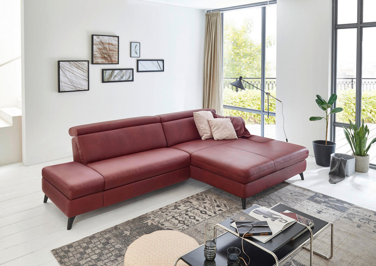 ECKSOFA Bordeaux Echtleder  - Bordeaux/Schwarz, Design, Leder/Metall (316/184cm) - Cantus
