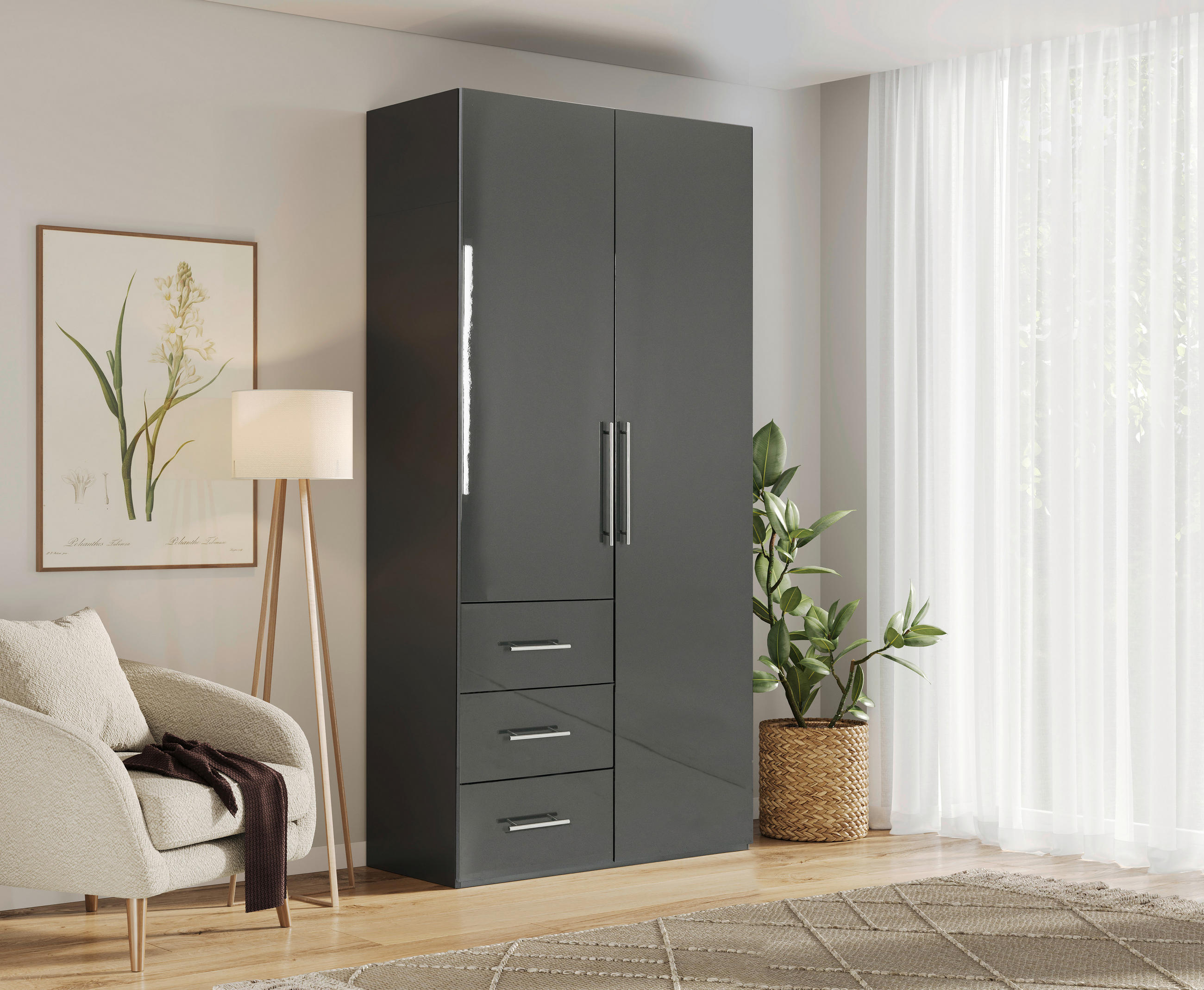 KLEIDERSCHRANK 98/219/59 cm 2-türig Anthrazit Hochglanz, Anthrazit - Anthrazit/Anthrazit Hochglanz, KONVENTIONELL, Holzwerkstoff/Metall (98/219/59cm) - Carryhome