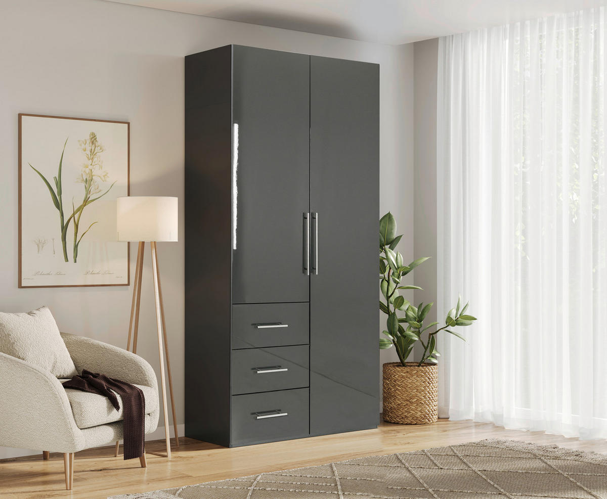 KLEIDERSCHRANK 98/219/59 cm 2-türig Anthrazit Hochglanz, Anthrazit  - Anthrazit/Anthrazit Hochglanz, KONVENTIONELL, Holzwerkstoff/Metall (98/219/59cm) - Carryhome