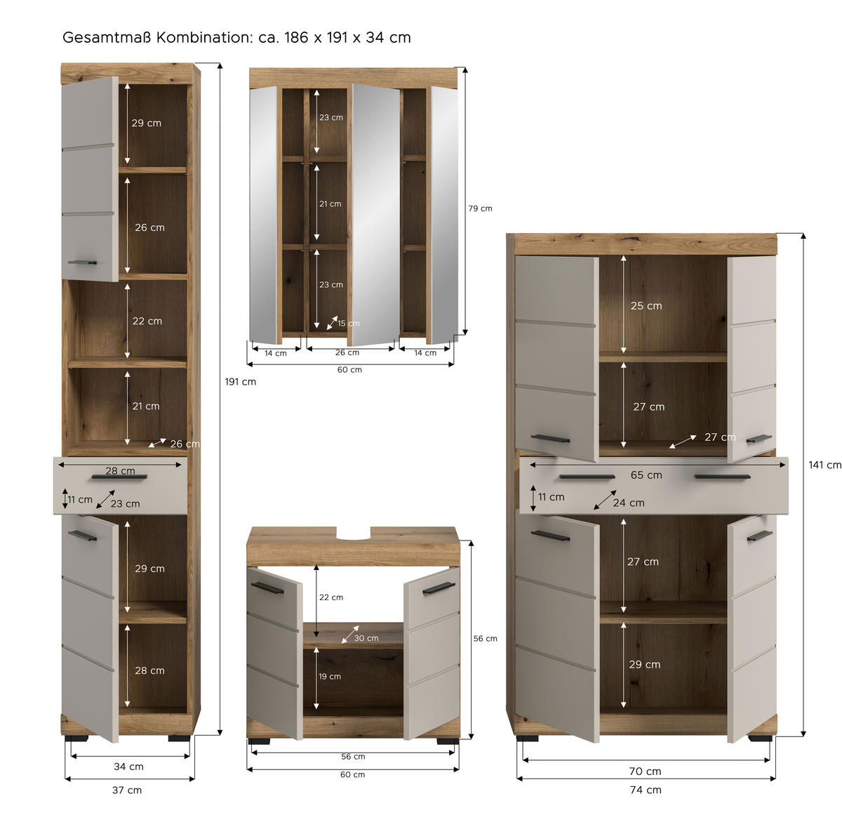 BADEZIMMER 4-teilig  in 171 cm  - Kaschmir/Schwarz, MODERN, Holzwerkstoff/Kunststoff (171cm) - MID.YOU