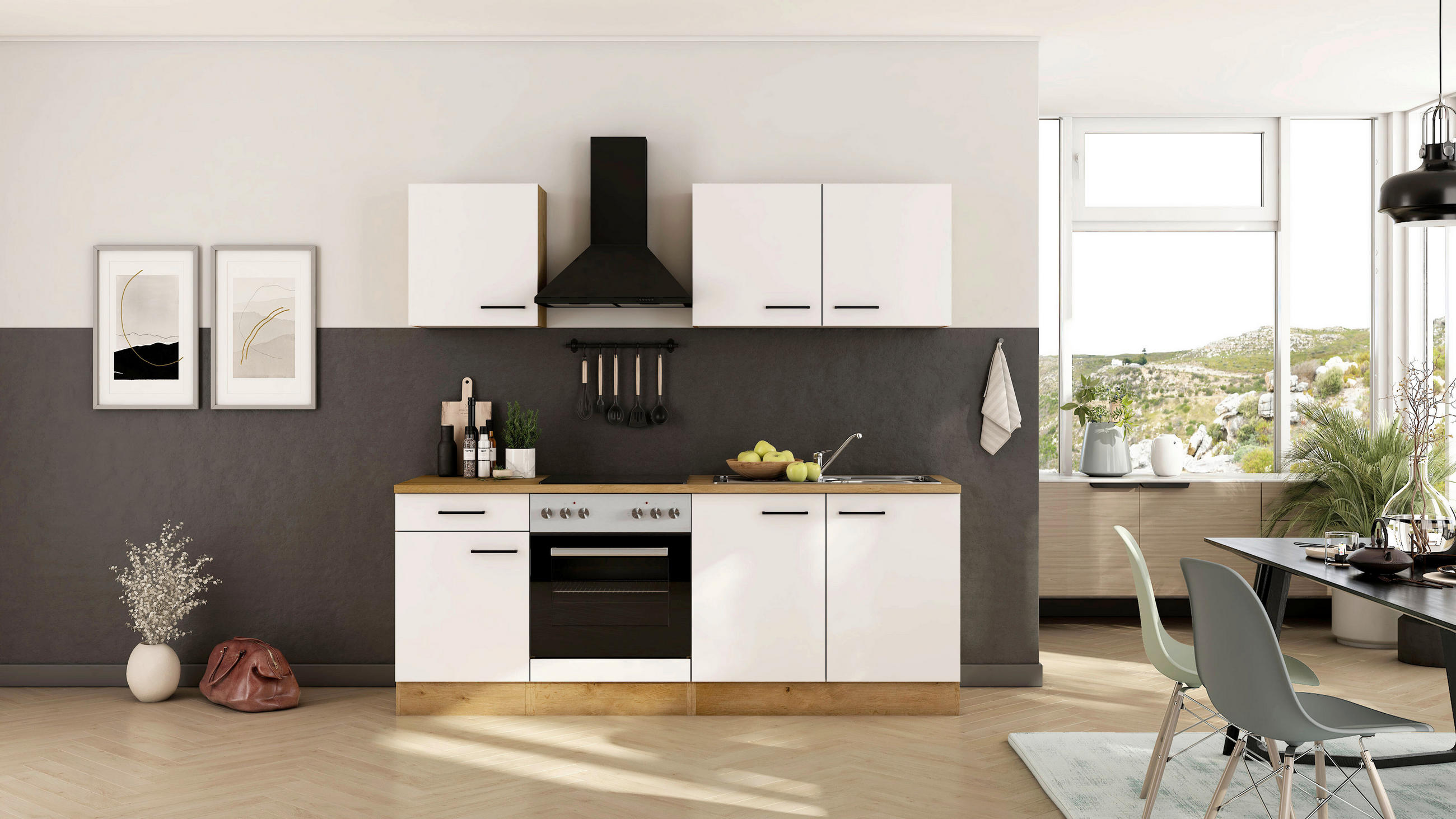 KÜCHENBLOCK 210 cm  in Eichefarben, Magnolie  - Eichefarben/Magnolie, Trend, Holzwerkstoff/Metall (210cm) - FlexWell