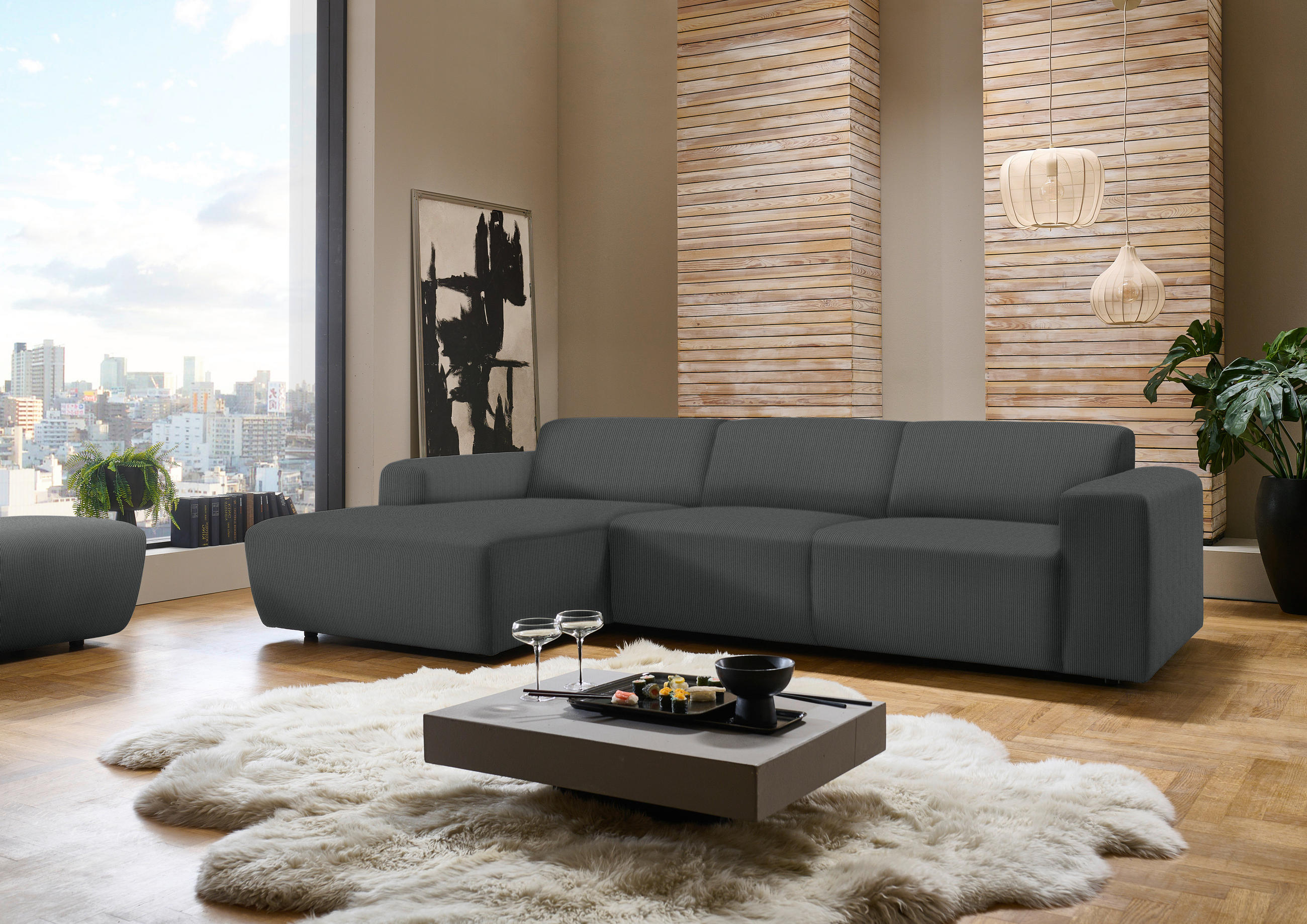 ECKSOFA in Feincord Anthrazit  - Anthrazit/Schwarz, Design, Kunststoff/Textil (174/302cm) - Beldomo Style