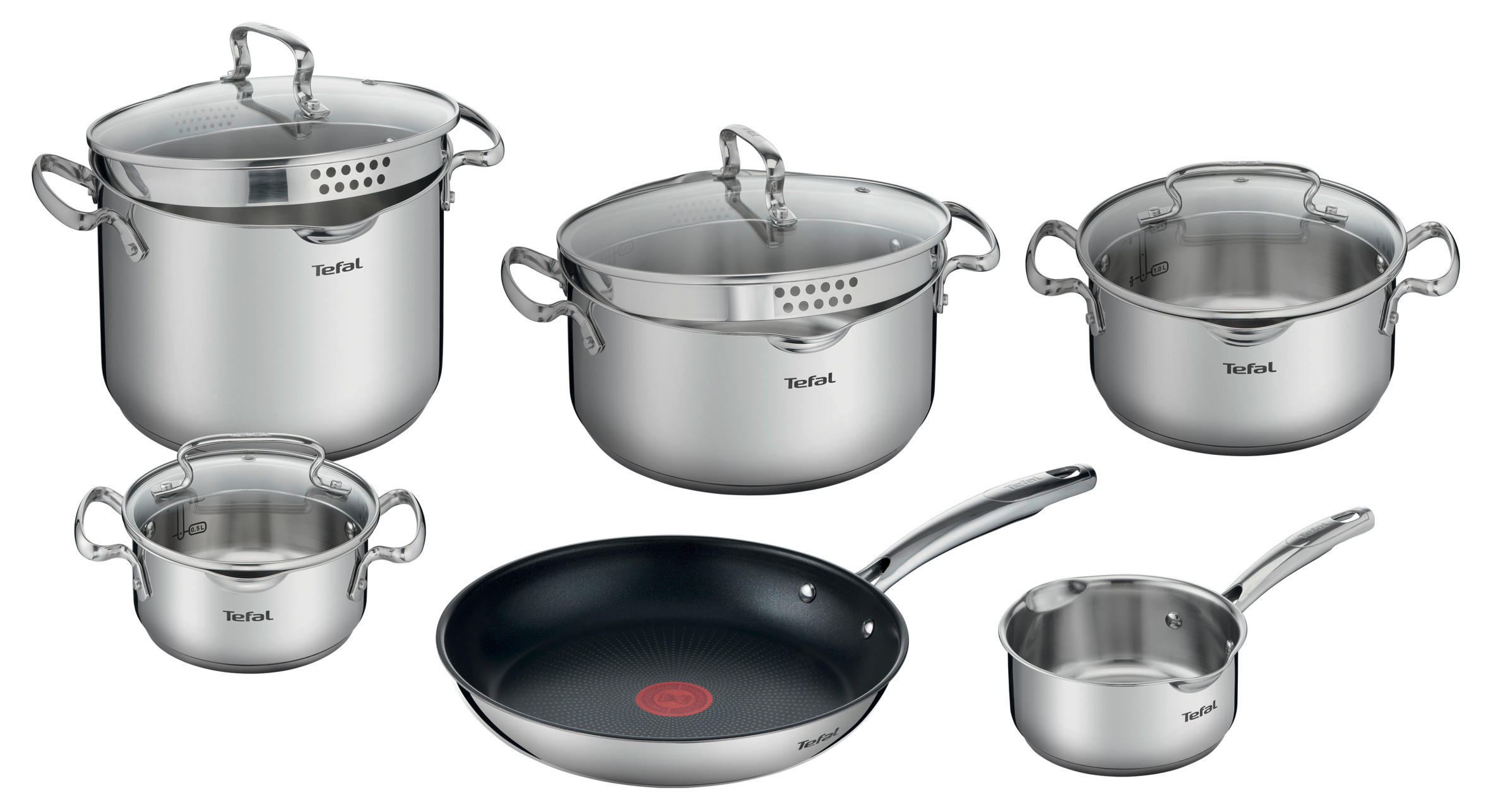 FŐZŐEDÉNYKÉSZLET 10 részes  - nemesacél, Basics, Üveg/fém (34/28/54cm) - Tefal
