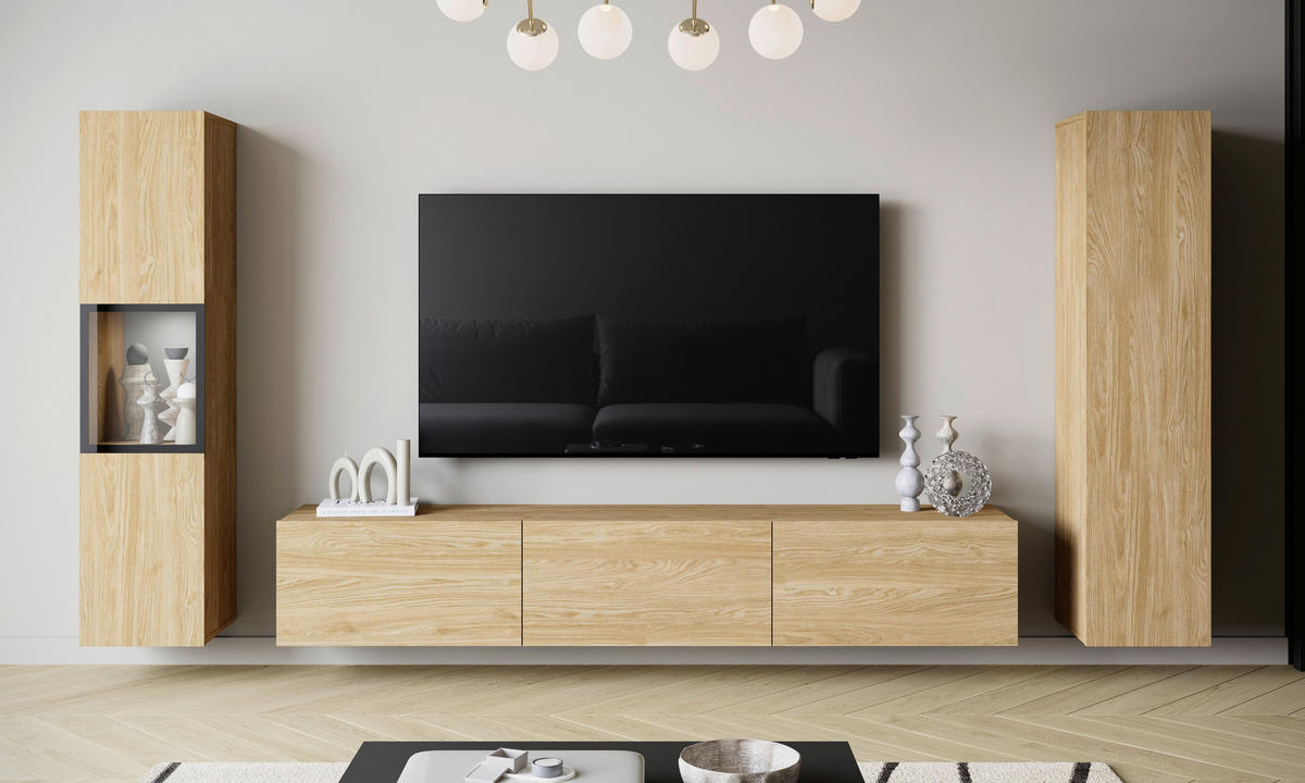 WOHNWAND Berlin 3-teilig  in Eichefarben  240/130/31 cm   - Eichefarben/Grau, Design, Glas/Holzwerkstoff (240/130/31cm) - P & B