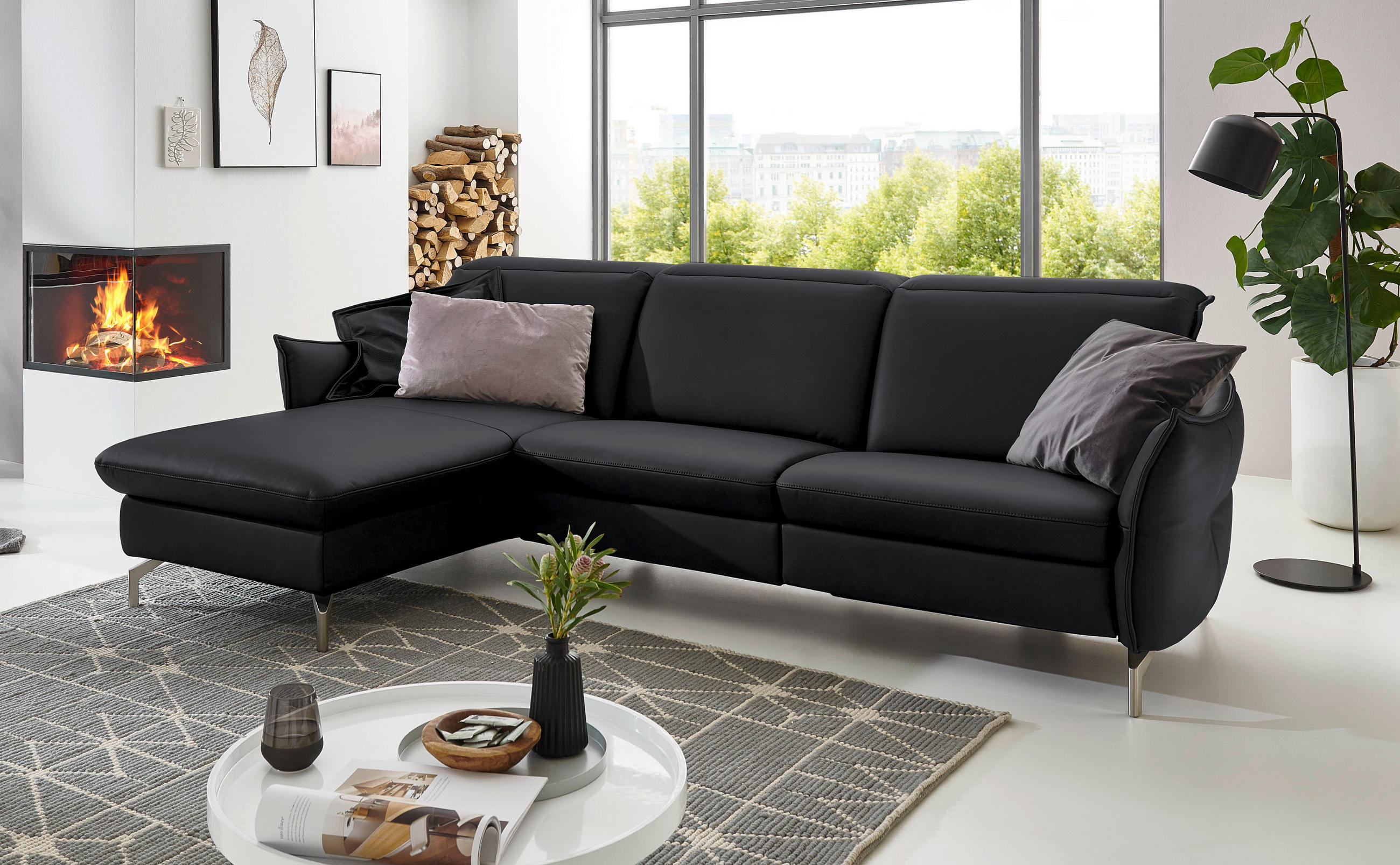 SOFFA i läder svart - nickelfärgad/svart, Modern, metall/läder (179/233cm) - Livetastic