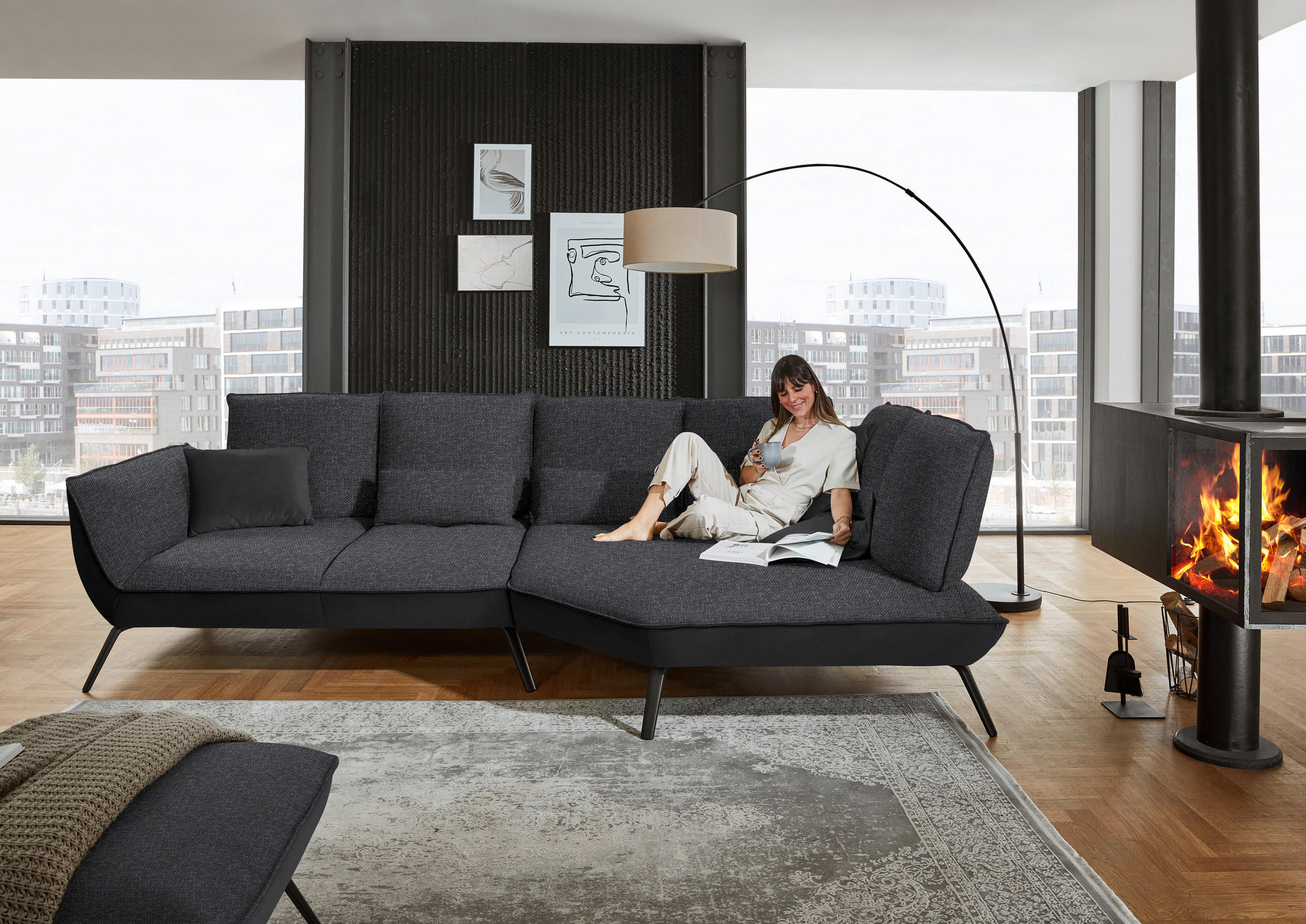 ECKSOFA in Flachgewebe Anthrazit  - Anthrazit/Schwarz, Design, Textil/Metall (320/169cm) - Moderano