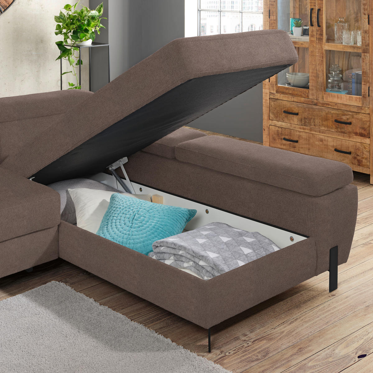 HÖRNSOFFA i vävt tyg taupe  - svart/taupe, Modern, metall/trämaterial (277/90/189cm) - MID.YOU