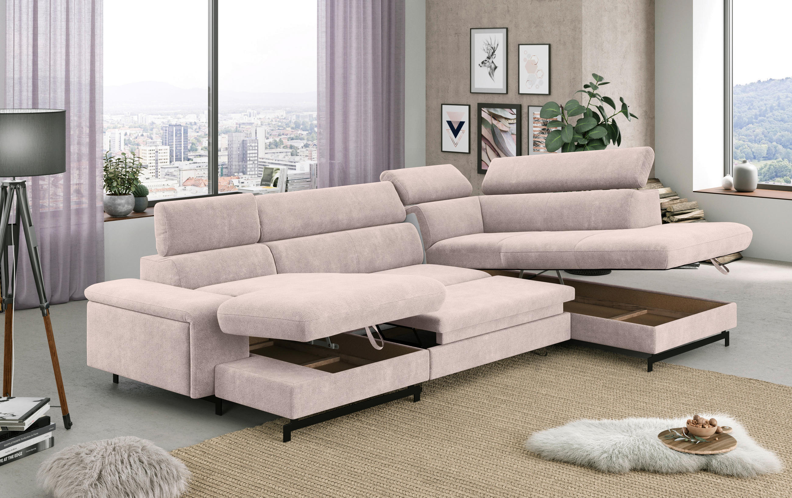WOHNLANDSCHAFT in Chenille Creme  - Creme/Schwarz, Textil/Metall (165/328/215cm) - MID.YOU
