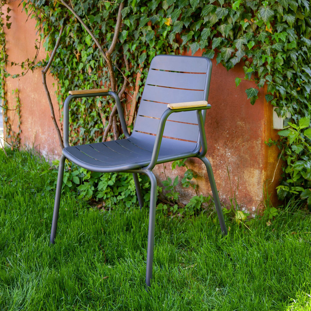 GARTENSTUHL Metall Anthrazit, Naturfarben  - Anthrazit/Naturfarben, Natur, Holz/Metall (58/80/58cm) - Gardenson