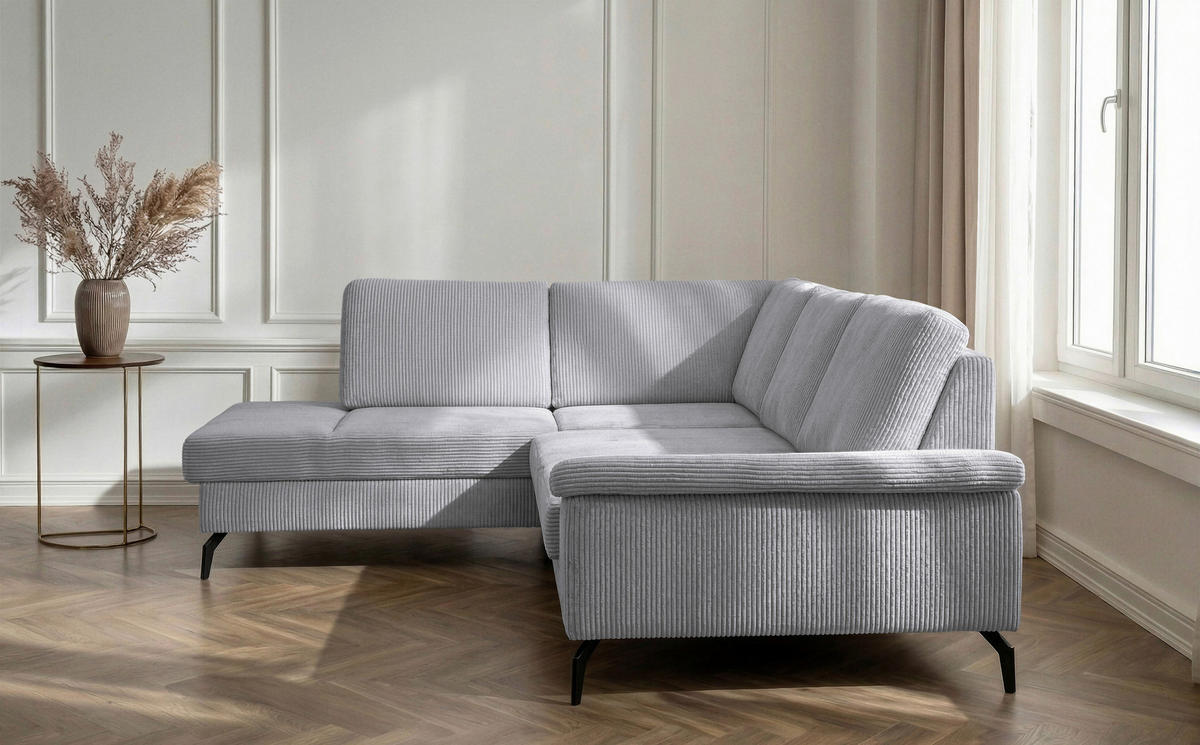 ECKSOFA Hellgrau Velours Bettkasten, Sitzvorzug  - Hellgrau/Schwarz, KONVENTIONELL, Textil/Metall (206/253cm) - Venda