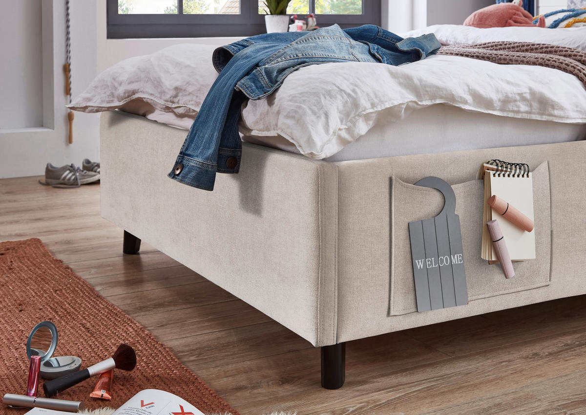 POLSTERBETT 120/200 cm,  in Schwarz, Beige, Lattenrost, Bettkasten, Betttasche,  - Birkefarben/Beige, KONVENTIONELL, Holz/Textil (120/200cm) - Boxxx