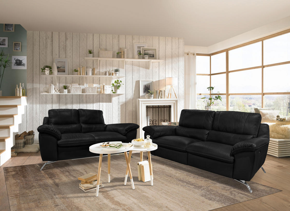 2,5-SITZER mit Relaxfunktion in Kombination Echtleder/Lederlook Schwarz  - Silberfarben/Schwarz, Design, Leder/Metall (216/97/95-151cm) - Livetastic