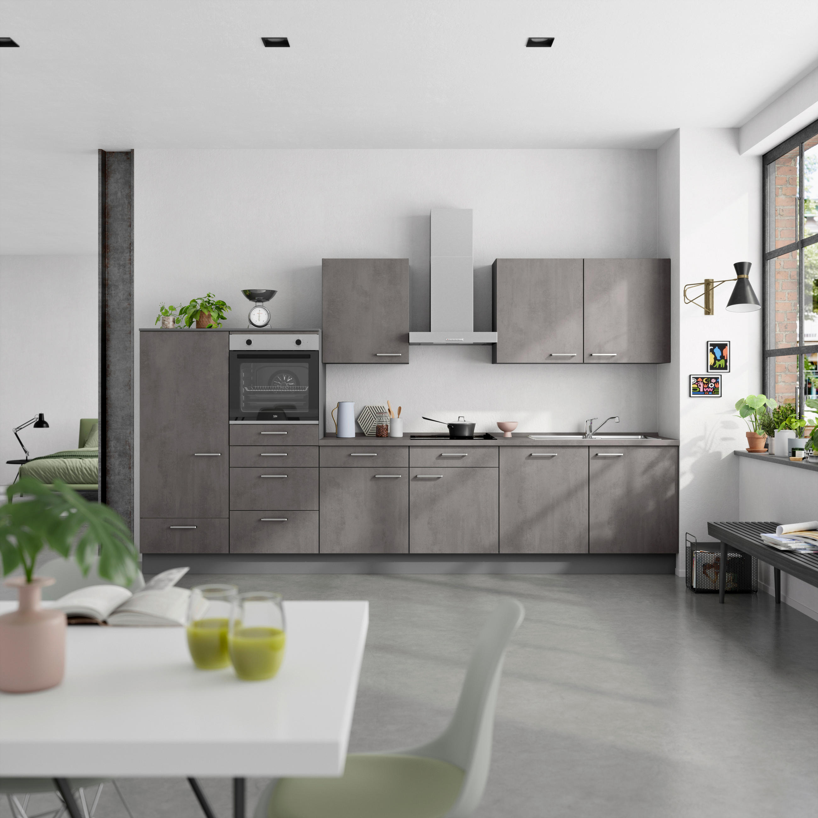 KÜCHENBLOCK Riva 360 cm  in Schieferfarben  - Schieferfarben/Edelstahlfarben, MODERN, Holzwerkstoff/Metall (360cm) - Nobilia