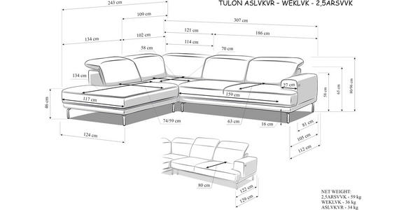 ECKSOFA Mintgrün Chenille Kopfteilverstellung, Sitztiefenverstellung  - Schwarz/Mintgrün, Design, Textil/Metall (243/307cm) - Xora