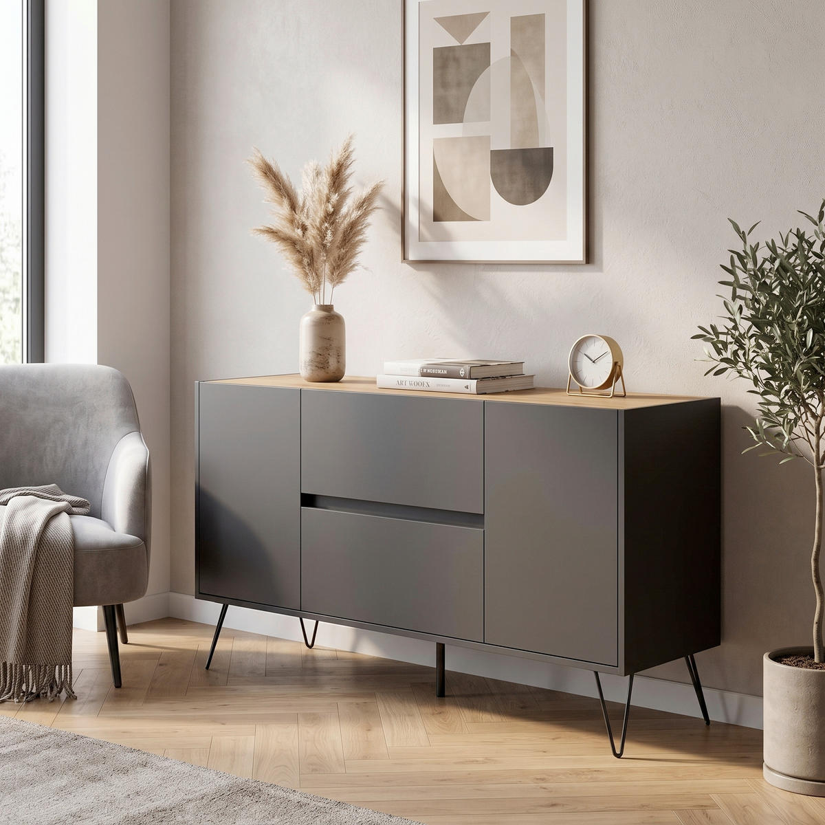 SIDEBOARD Posseik Industrial 139/75,8/42 cm 2 Schublade(n)  - Eichefarben/Graphitfarben, Design, Holzwerkstoff/Metall (139/75,8/42cm) - MID.YOU