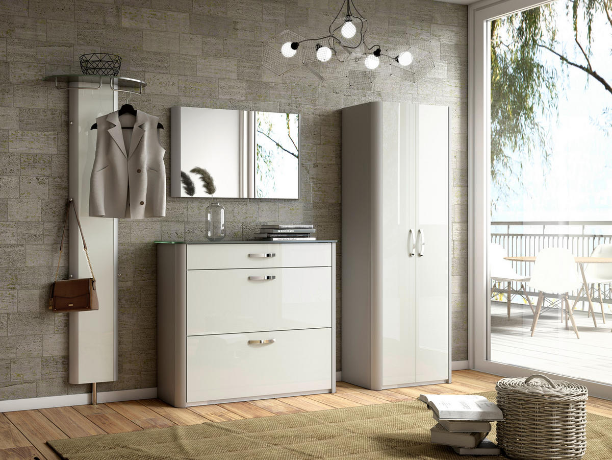 GARDEROBE 4-teilig  in 270/192/34 cm  - Weiss Hochglanz/Alufarben, Design, Glas/Holzwerkstoff (270/192/34cm) - Moderano