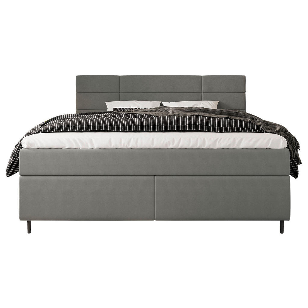 Thumbnail - Boxxx Boxbett, Grau, Textil, Birke,Buche, massiv, H2, Höhe ca. 19 cm, 140x200 cm, gepolstertes Kopfteil, Topper durchgeh...