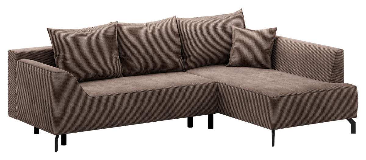 ECKSCHLAFSOFA  mit Bettkasten erhältlich, seitenverkehrt erhältlich, Schlafen auf Sitzhöhe, Bettfunktion erhältlich, Rücken echt Cord Braun  - Schwarz/Braun, Design, Textil/Metall (273/167cm) - MID.YOU