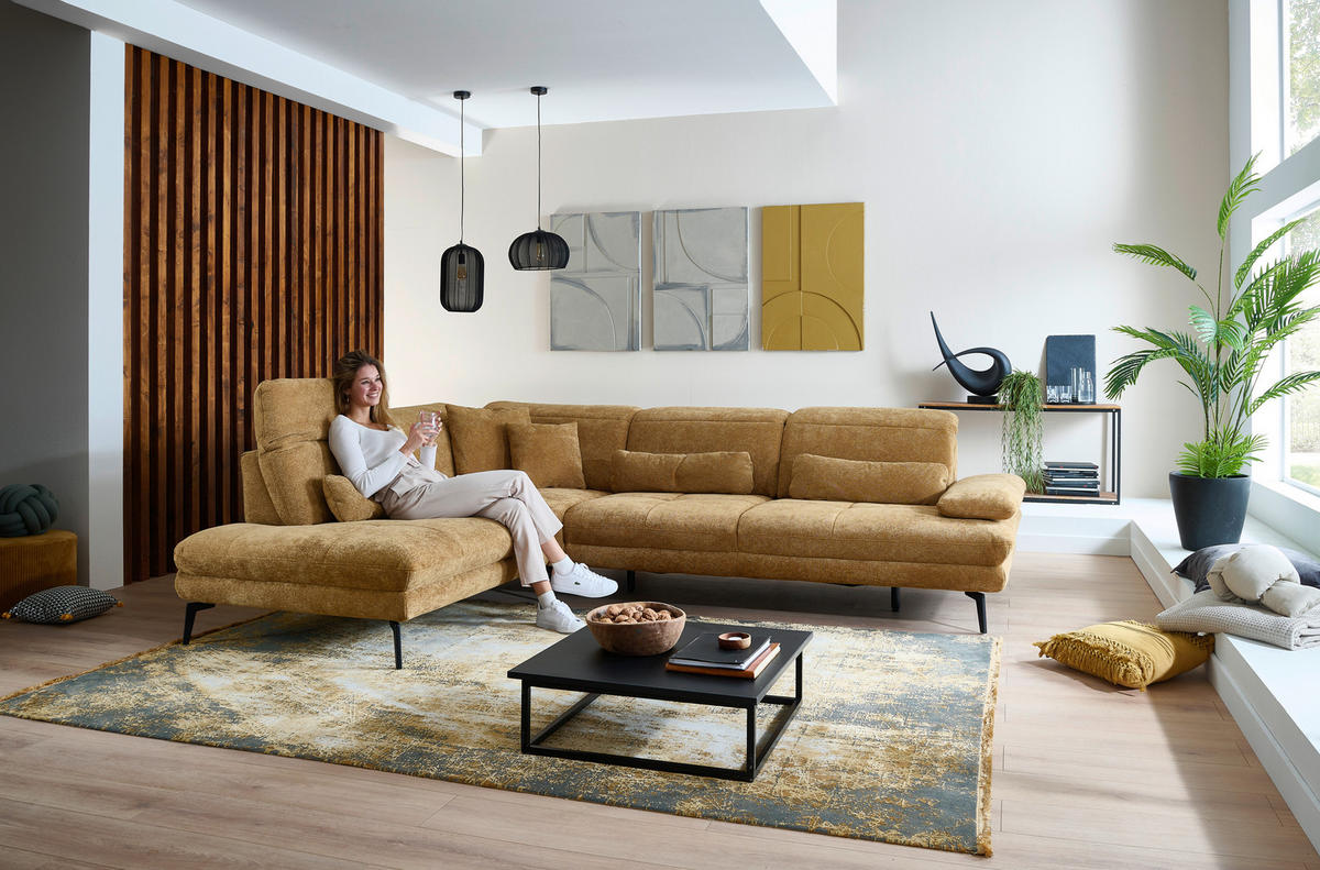 ECKSOFA Beldomo System Dunkelgelb Chenille Rücken echt, Kopfteilverstellung  - Dunkelgelb/Schwarz, Design, Textil/Metall (235/311cm) - Beldomo System