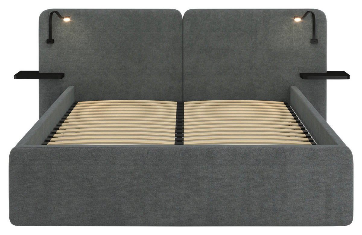 POLSTERBETT 180/200 cm,  in Dunkelgrau, gepolstertes Kopfteil, Beleuchtung, Lattenrost, H2 + H3 = mittel + fest  - Dunkelgrau/Schwarz, MODERN, Kunststoff/Textil (180/200cm) - Chameo