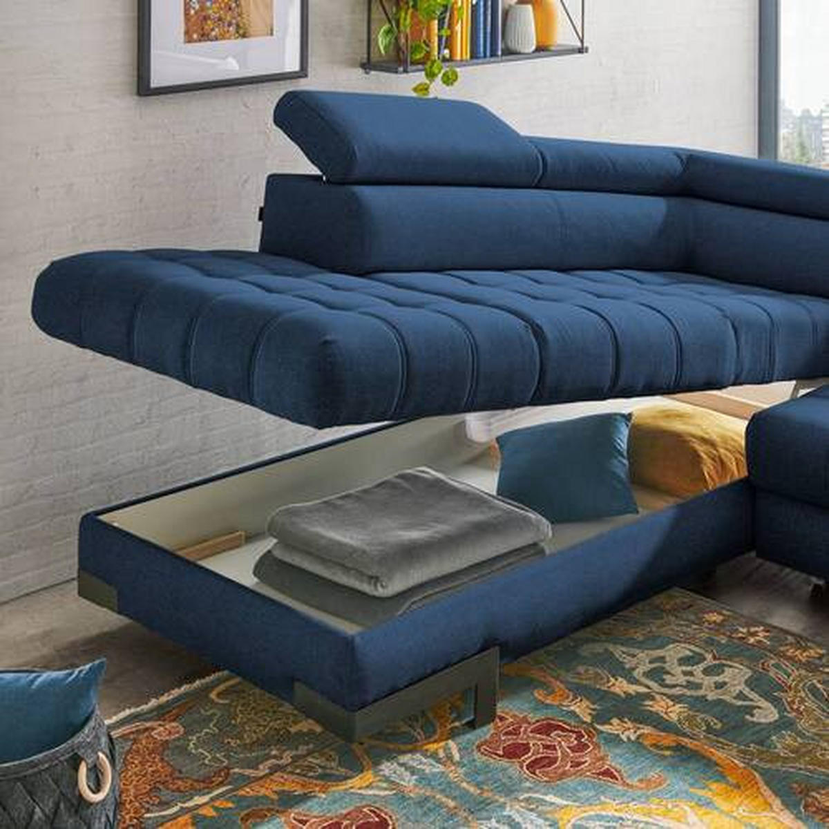 ECKSOFA in Webstoff Dunkelblau  - Schwarz/Dunkelblau, Design, Textil/Metall (223/263cm) - Welnova