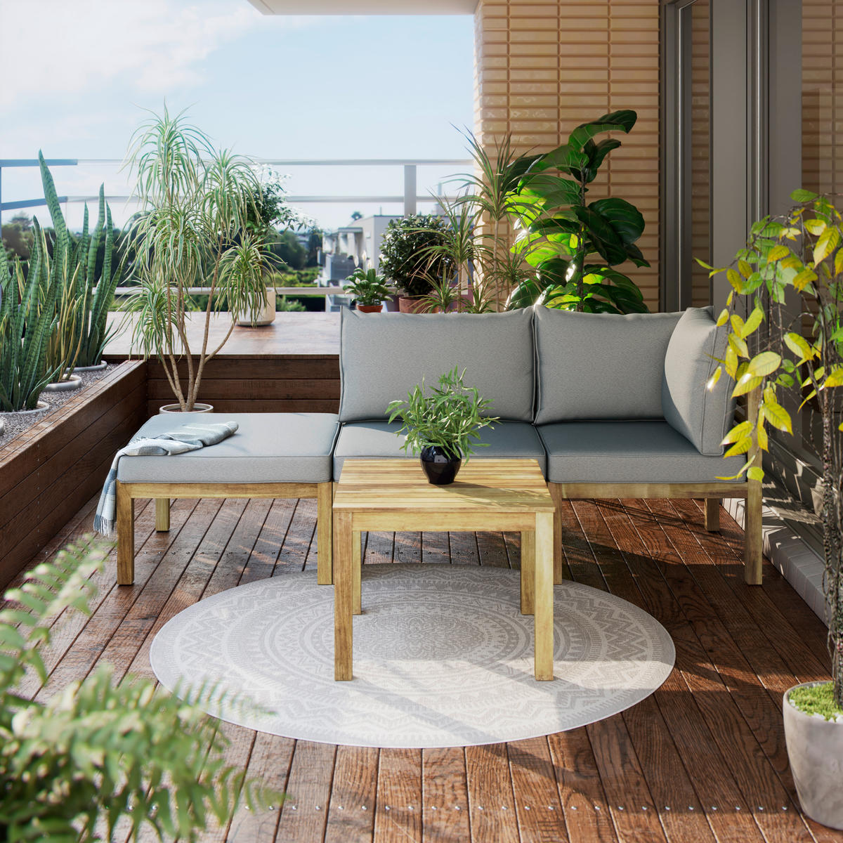 Set De Mobilier Pentru Balcon  4 piese  - culoare lemn acacia/gri, Natur, lemn/textil (65/65/65cm) - Ambia Garden