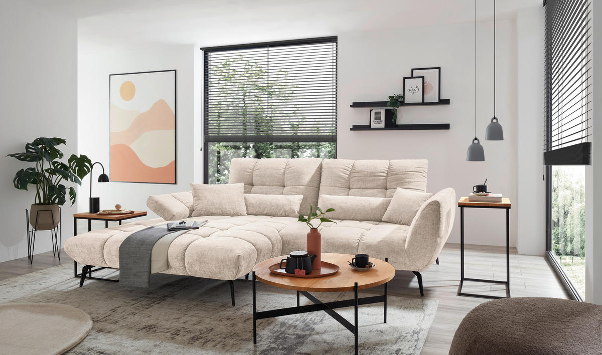 ECKSOFA Naturfarben Flachgewebe Rücken echt, Sitztiefenverstellung  - Schwarz/Naturfarben, KONVENTIONELL, Textil/Metall (211/273cm) - SetOne by Musterring