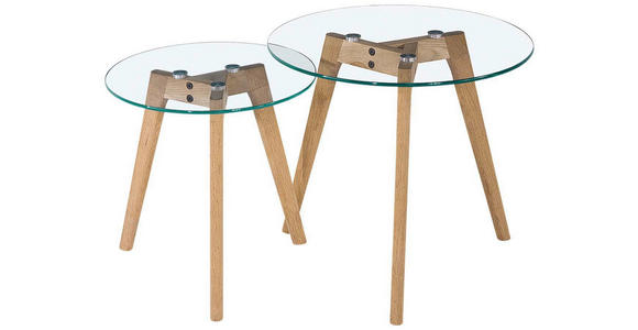 BEISTELLTISCHSET 50/50/45 cm Eiche massiv Klar, Eichefarben rund - Klar/Eichefarben, Design, Glas/Holz (50/50/45cm) - Carryhome