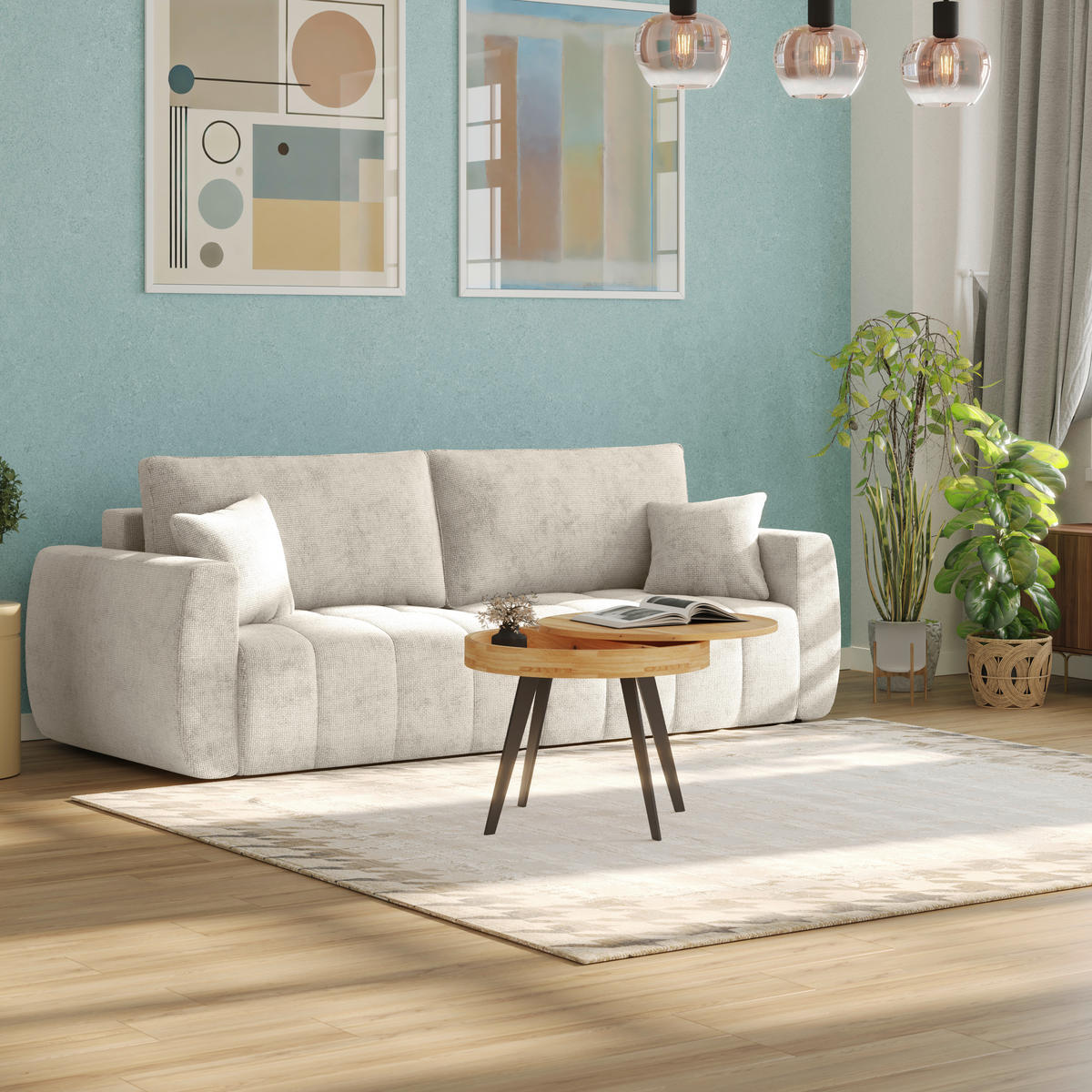 SCHLAFSOFA  mit Stoffauswahl Webstoff Creme  - Creme/Schwarz, MODERN, Holz/Textil (245/74-90/104cm) - MID.YOU