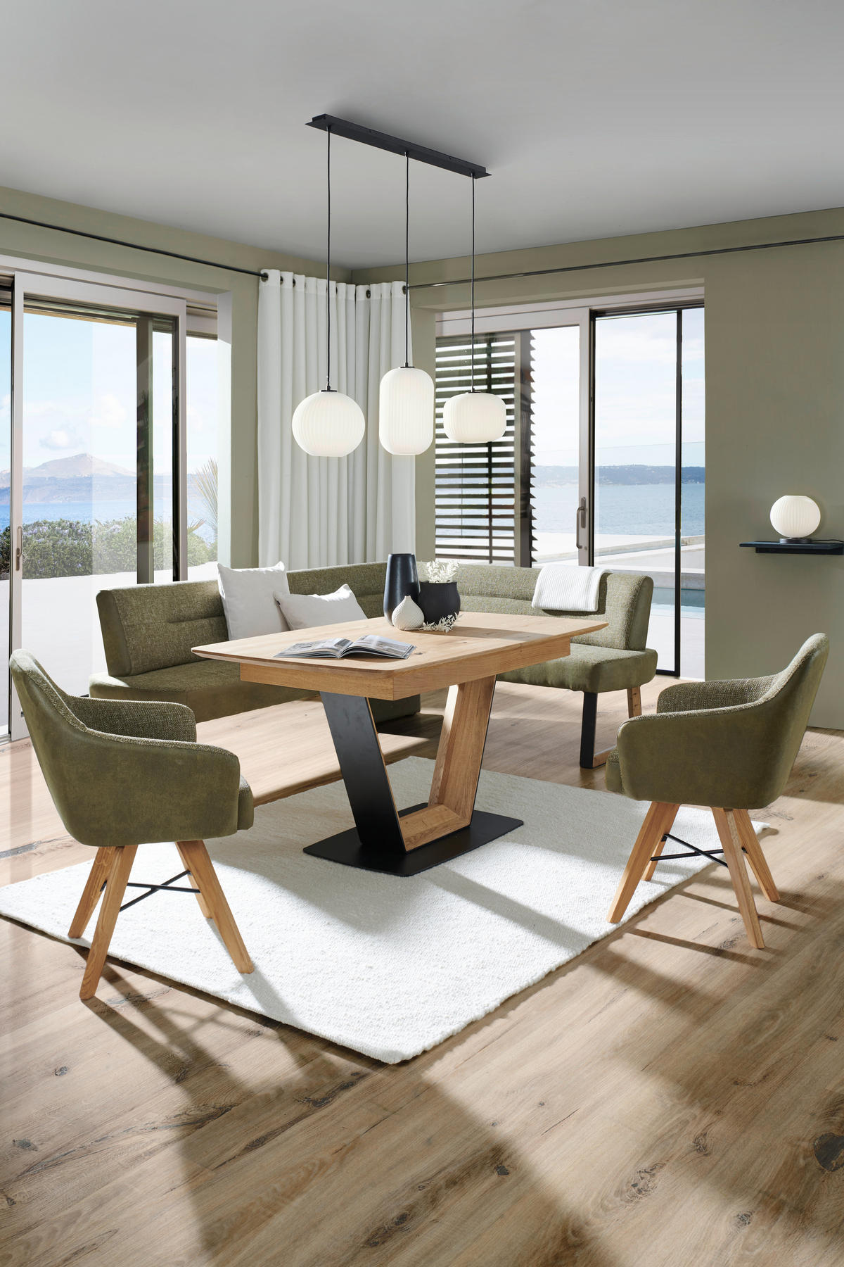 ECKBANK 215/173 cm Webstoff Grün, Eichefarben Eiche massiv Holz, Metall   - Eichefarben/Schwarz, KONVENTIONELL, Holz/Textil (215/173cm) - Voleo