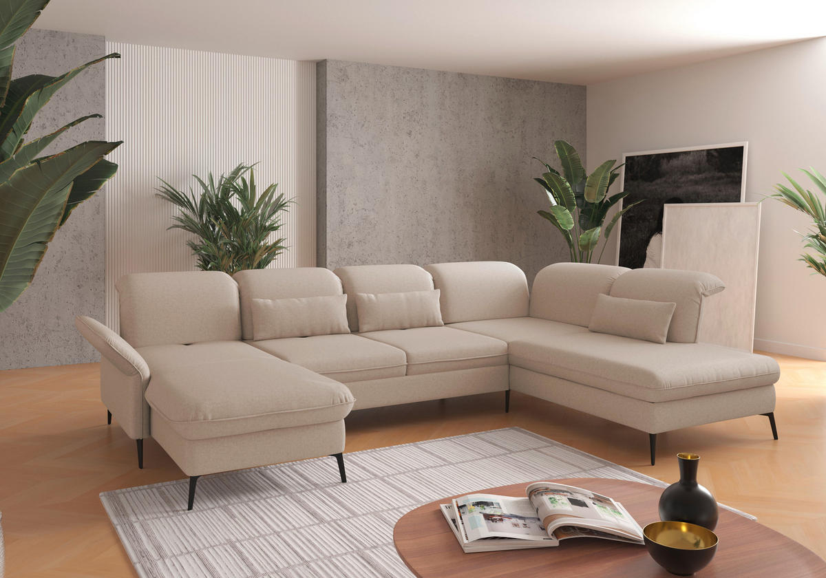 WOHNLANDSCHAFT in Flachgewebe Creme  - Creme/Schwarz, Konventionell, Textil/Metall (198/359/231cm) - Sit & More