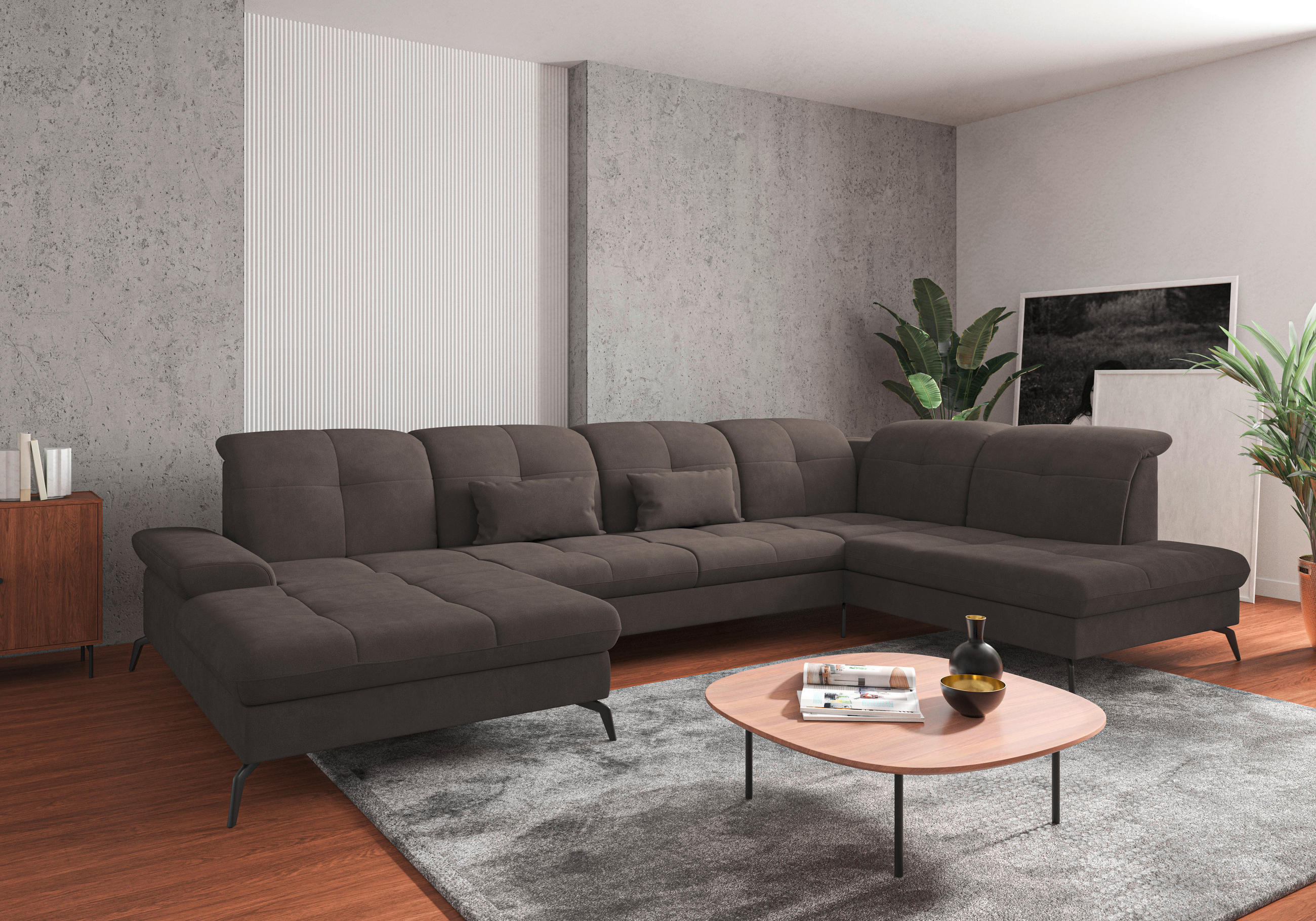 WOHNLANDSCHAFT Graphitfarben Flachgewebe  - Schwarz/Graphitfarben, KONVENTIONELL, Textil/Metall (185/357/231cm) - Sit & More