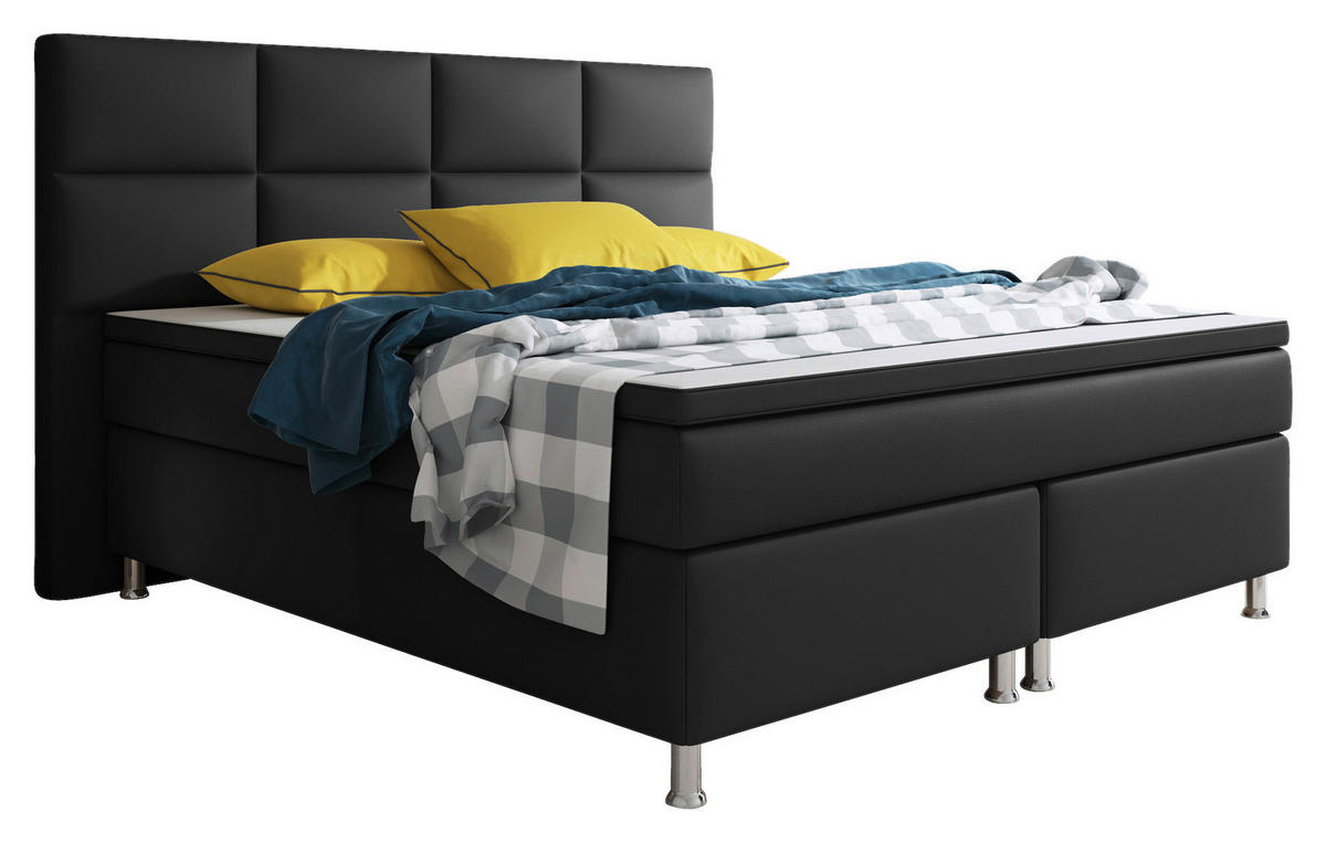 Boxspringbett mit Topper  in Schwarz  - Silberfarben/Schwarz, KONVENTIONELL, Leder/Textil (200/125/210cm) - MID.YOU