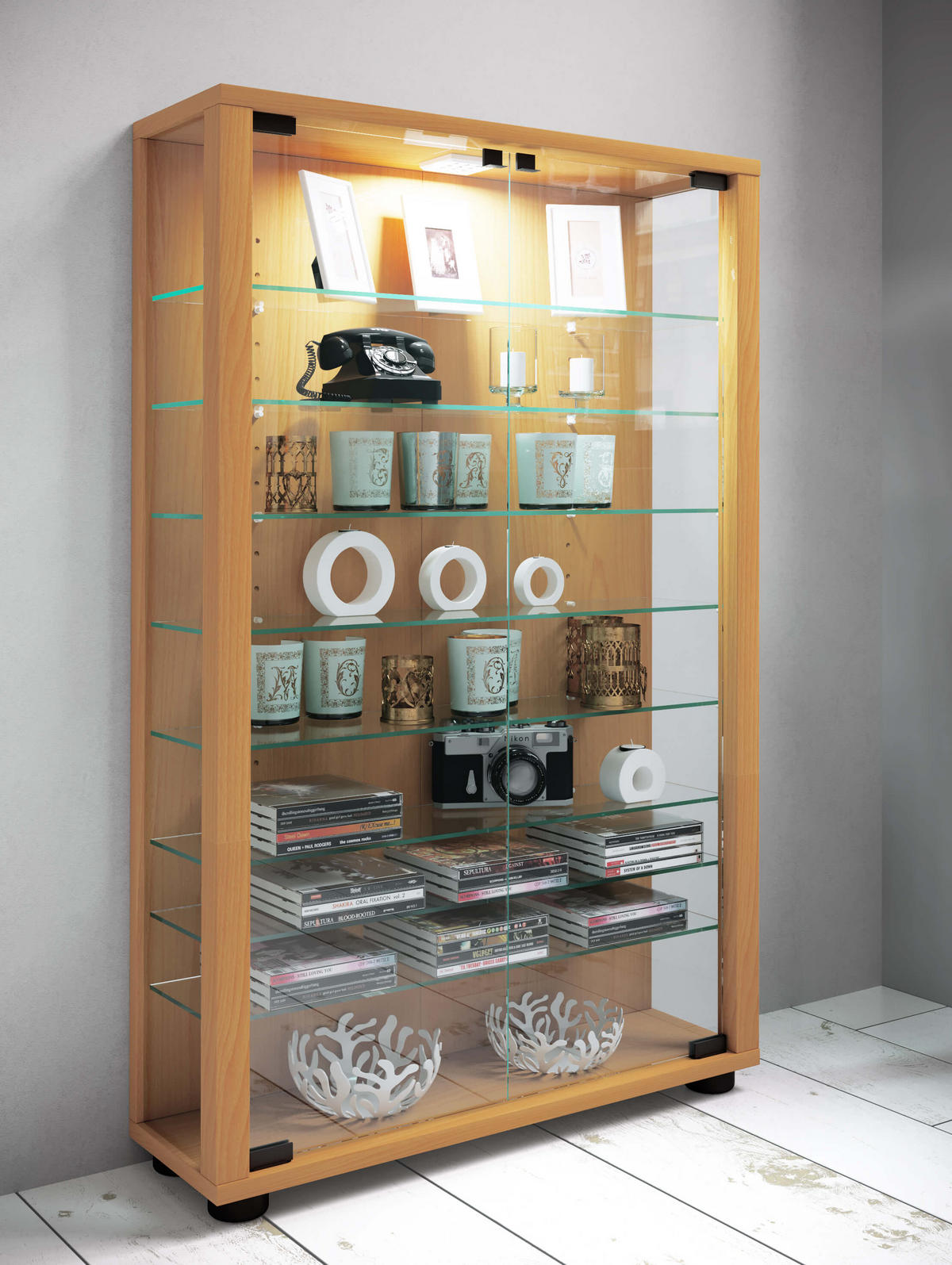 VITRINA, barve bukve - črna/barve bukve, Design, umetna masa/steklo (59/90/18cm) - MID.YOU