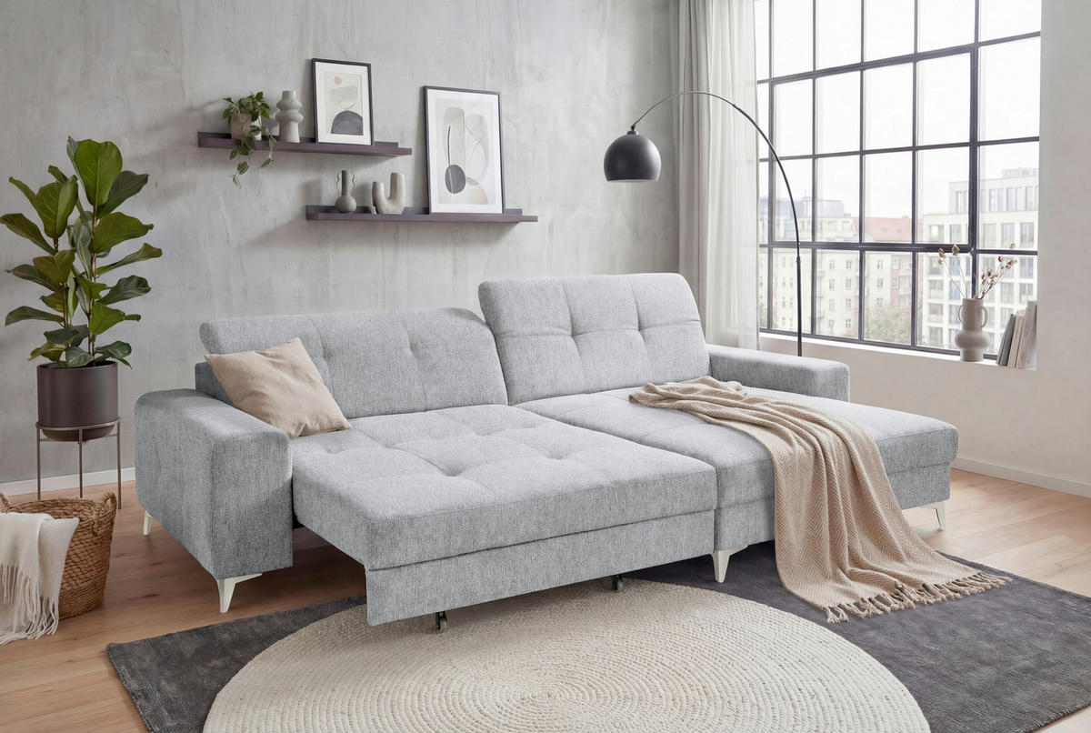 ECKSOFA SORELLA Hellgrau Mikrovelours Kopfteilverstellung, Sitztiefenverstellung  - Kaschmir/Hellgrau, Design, Kunststoff/Textil (328/182cm) - MID.YOU