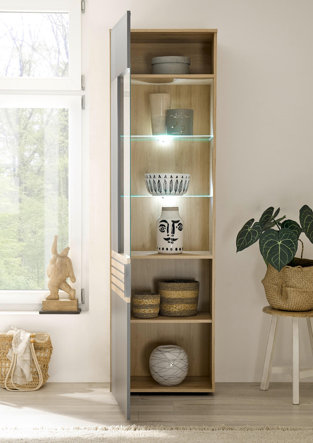VITRINE in Eiche Artisan, Grau  - Schwarz/Eiche Artisan, Design, Glas/Holzwerkstoff (58/199,4/37cm) - MID.YOU