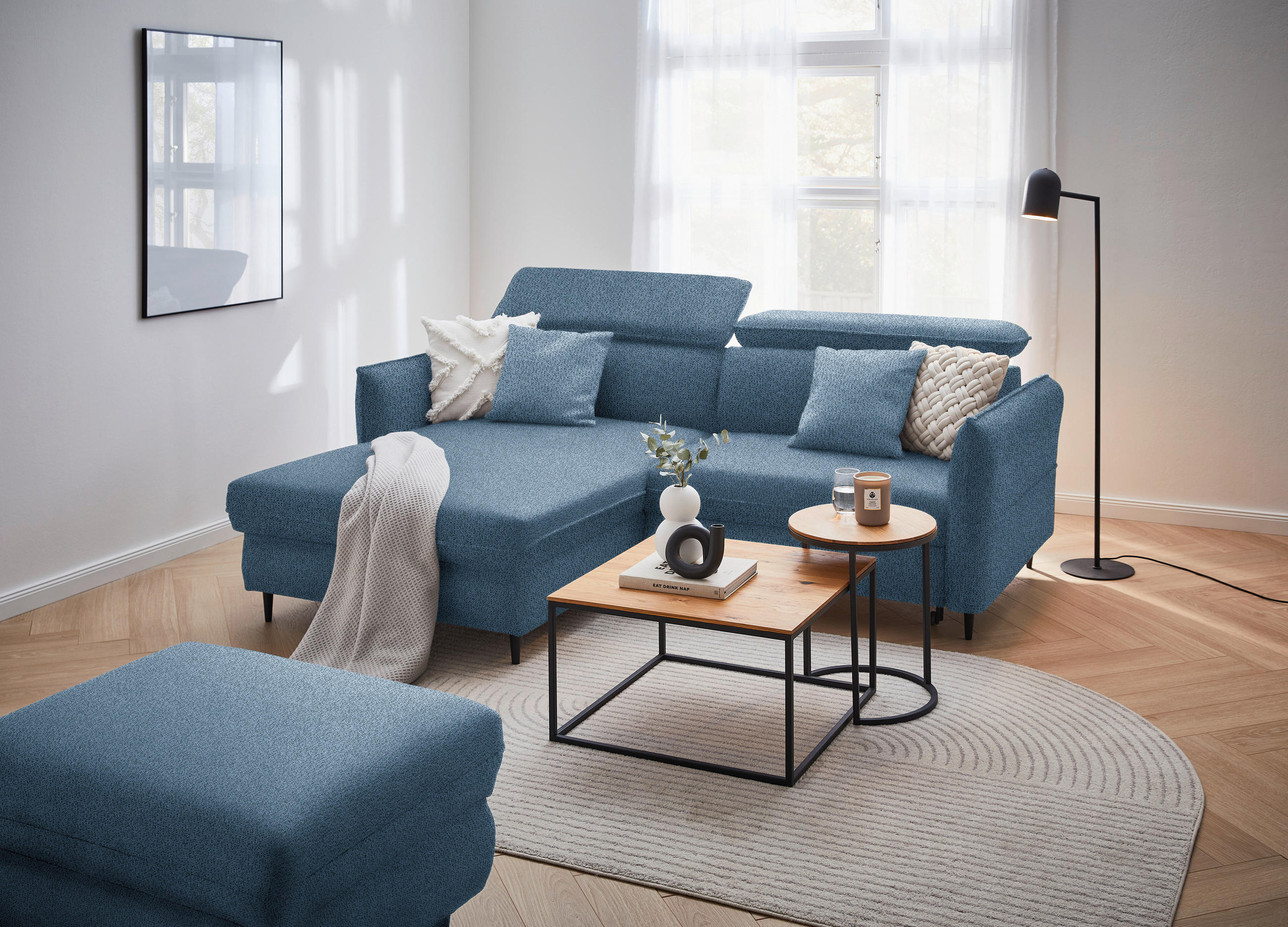ECKSOFA Dunkelblau Flachgewebe  - Schwarz/Dunkelblau, Design, Holz/Textil (185/232cm) - Stylife