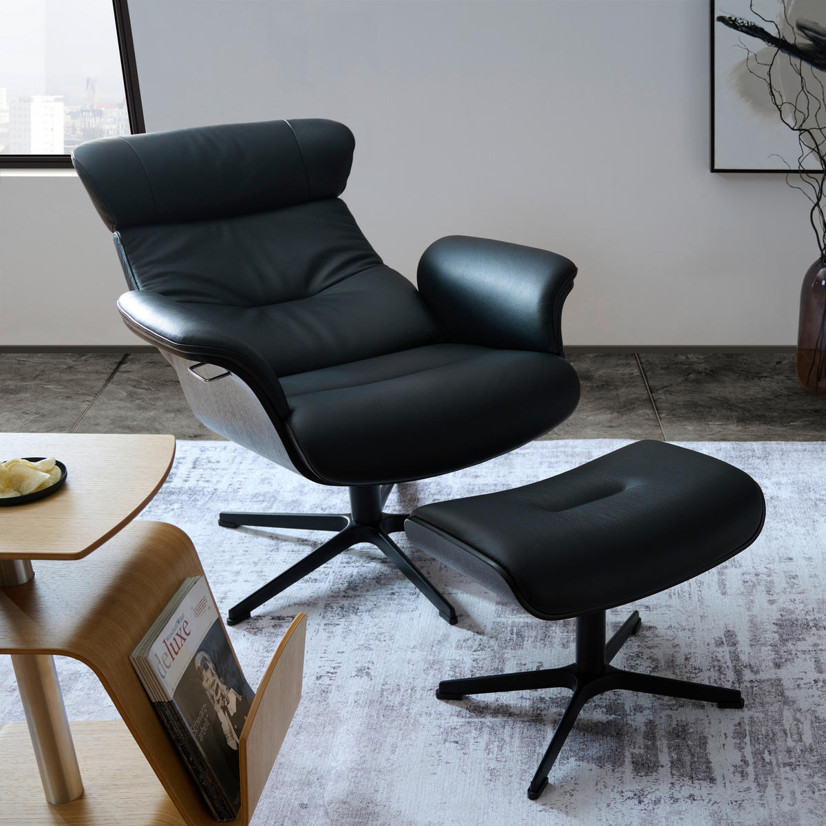 RELAXSESSEL in Leder Schwarz  - Schwarz, Natur, Leder/Metall (81/110/80cm) - Conform