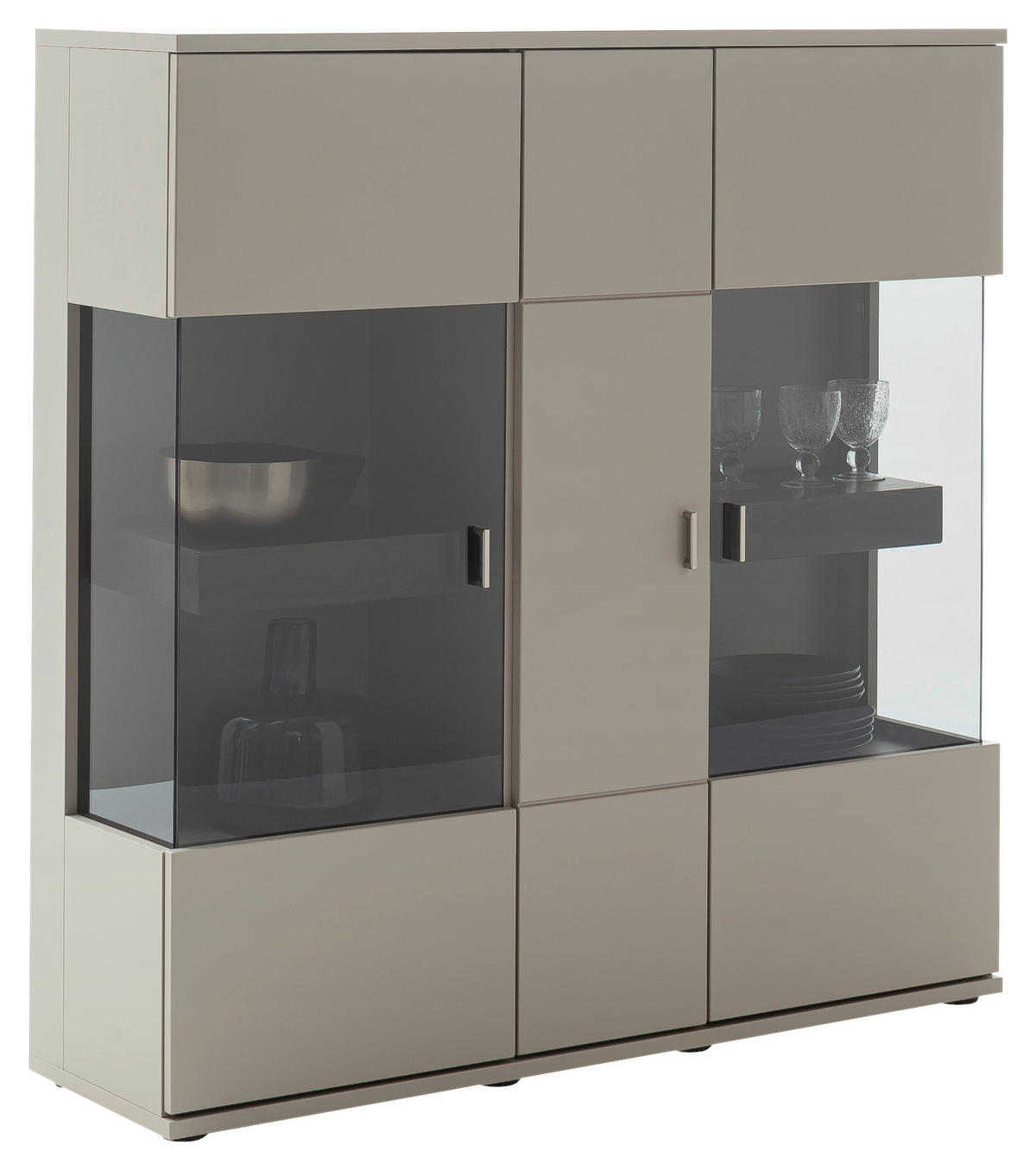 FÉLMAGAS SZEKRÉNY 130/134/37 cm  - tölgyfa színű/nikkelszínű, Design, faalapú anyag/Üveg (130/134/37cm) - Novel