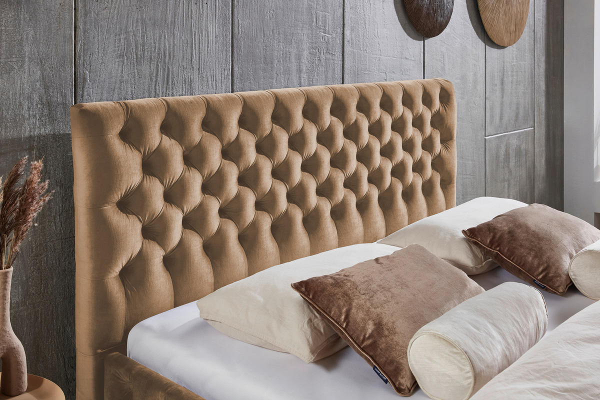 POLSTERBETT 140/200 cm,  in Hellbraun, gepolstertes Kopfteil,  - Hellbraun/Schwarz, KONVENTIONELL, Kunststoff/Textil (140/200cm) - home24