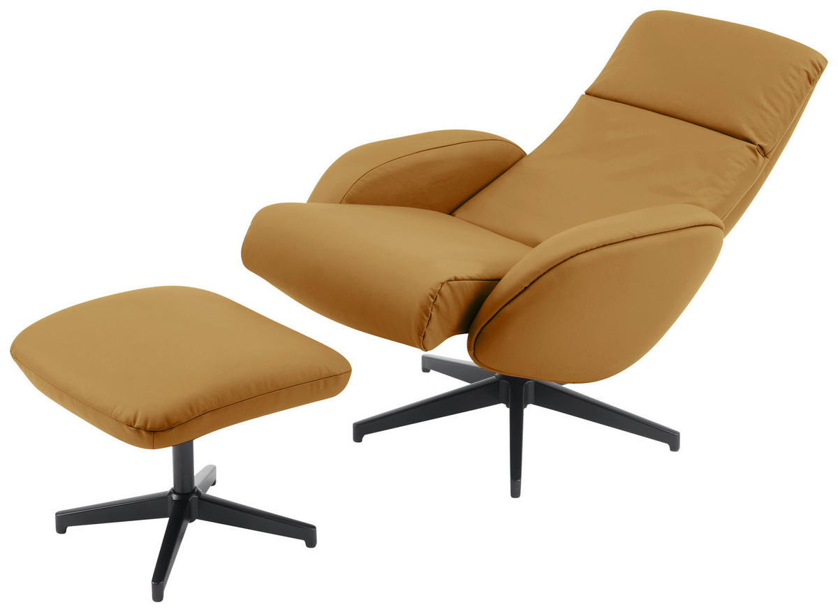 RELAXAČNÍ KŘESLO S TABURETEM, textil, kůže, žlutá - černá/žlutá, Design, kov/textil (77/107/75cm) - Livetastic