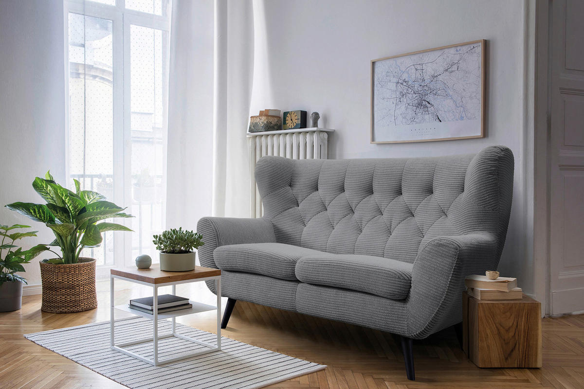 2-SITZER-SOFA Cord Hellgrau  - Hellgrau/Schwarz, Design, Holz/Textil (137/101/95cm) - Stylife