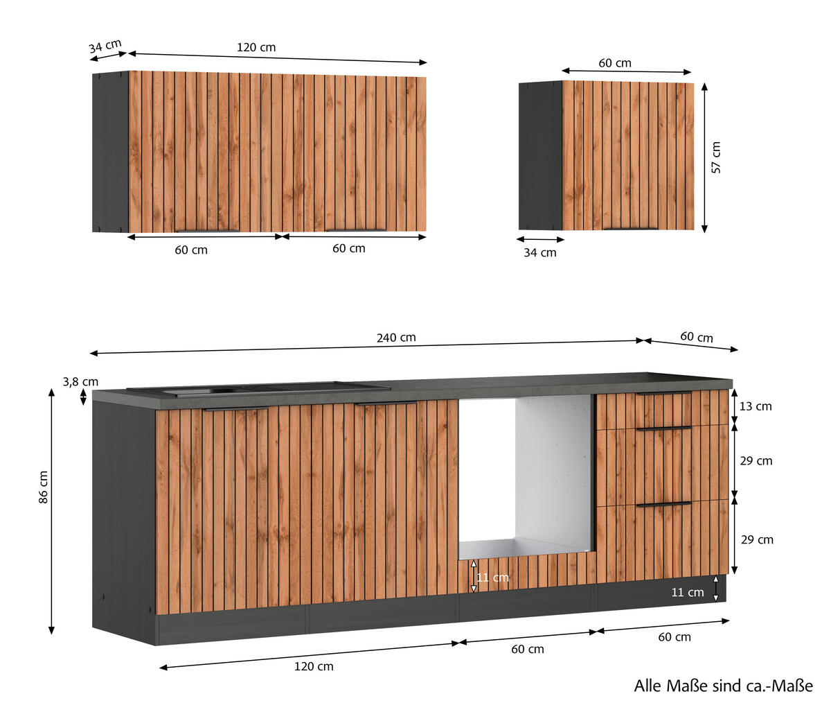 KÜCHENLEERBLOCK 240 cm   in Graphitfarben, Eiche Wotan  - Schieferfarben/Eiche Wotan, Basics, Holzwerkstoff/Metall (240cm) - Held