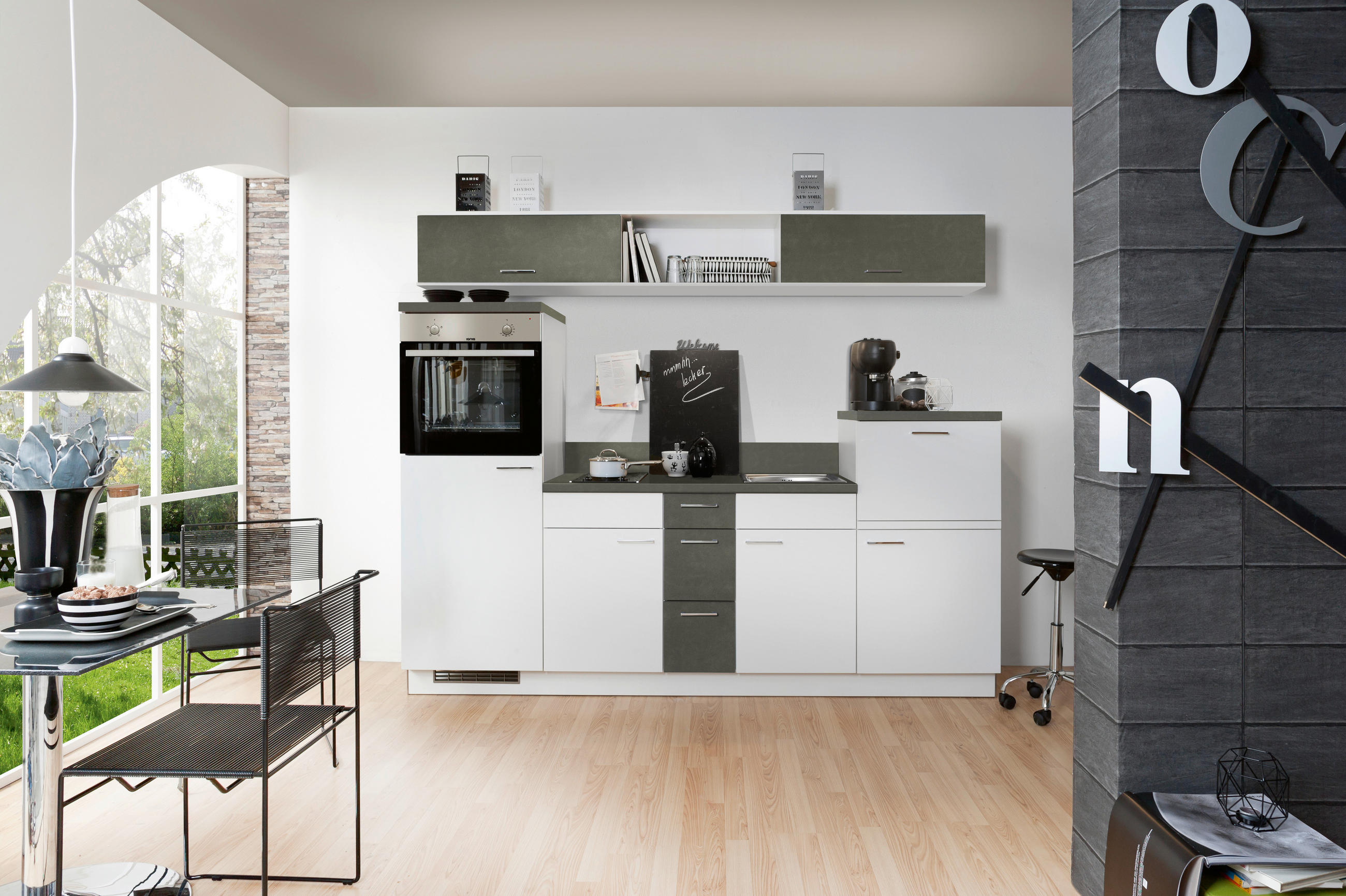 KÜCHENBLOCK 250 cm   in Grau, Weiß  - Edelstahlfarben/Weiß, Design, Holzwerkstoff/Metall (250cm) - Welnova