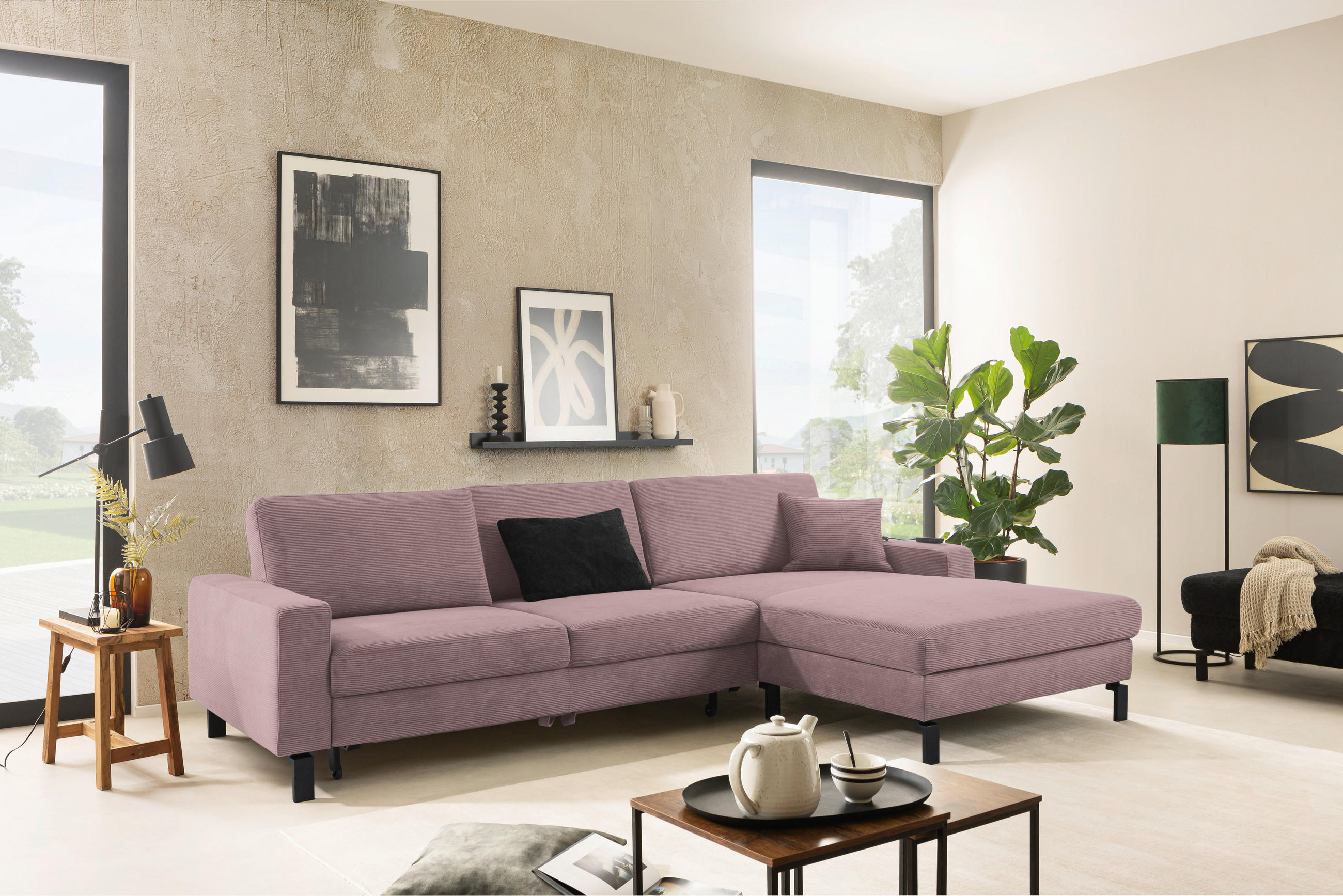 ECKSOFA in Cord Altrosa  - Schwarz/Altrosa, Design, Textil/Metall (298/185cm) - Pure Home Lifestyle