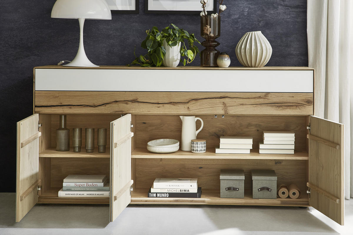 SIDEBOARD 152/90,3/47,6 cm  in Weiß, Eichefarben  - Eichefarben/Schwarz, Design, Glas/Holz (152/90,3/47,6cm) - Valnatura