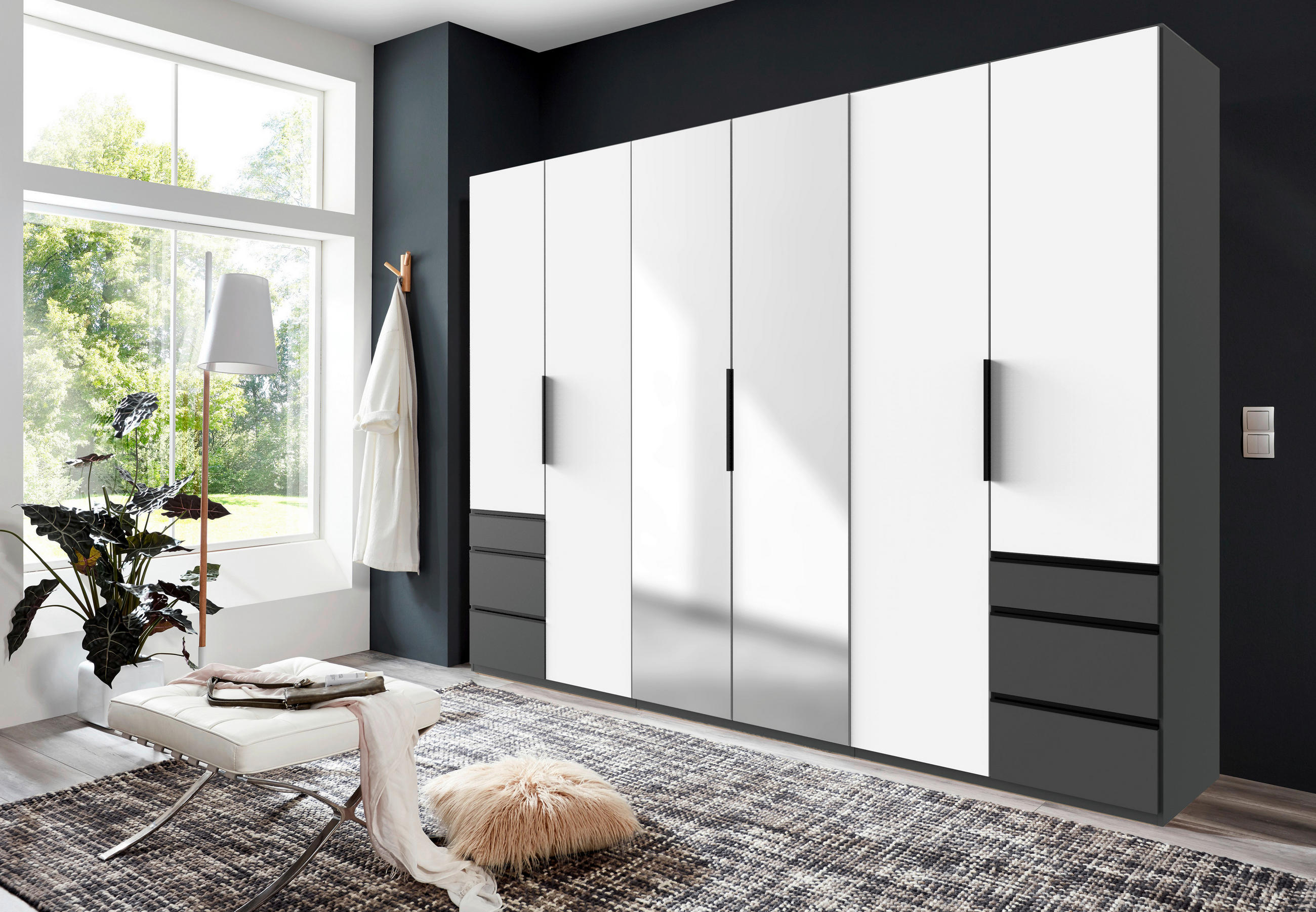 DREHTÜRENSCHRANK in Graphitfarben, Weiss  - Weiss/Schwarz, Konventionell, Glas/Holzwerkstoff (300/216/58cm) - Hom`in